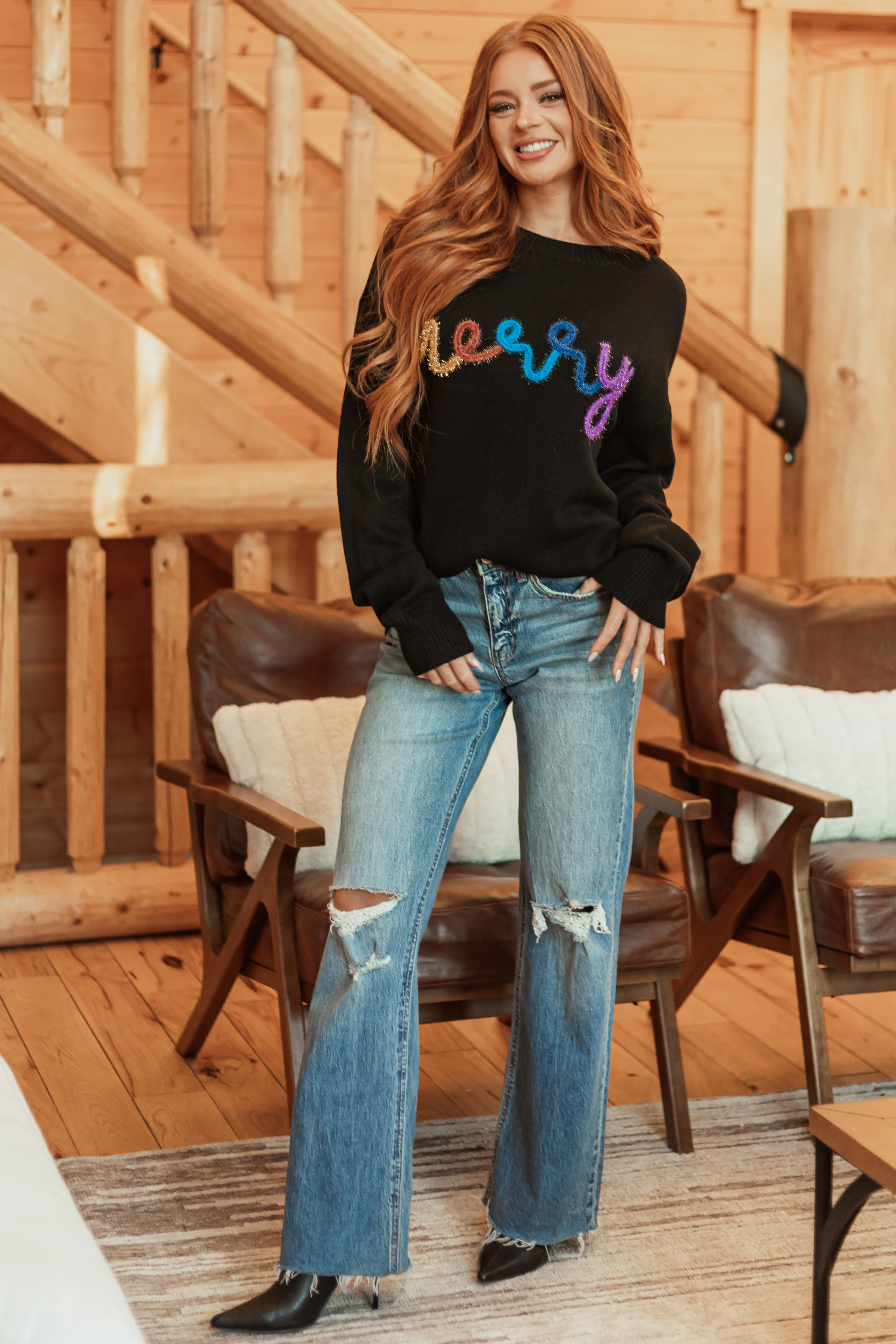 Black 'Merry' Metallic Yarn Long Sleeve Sweater - LD SALE