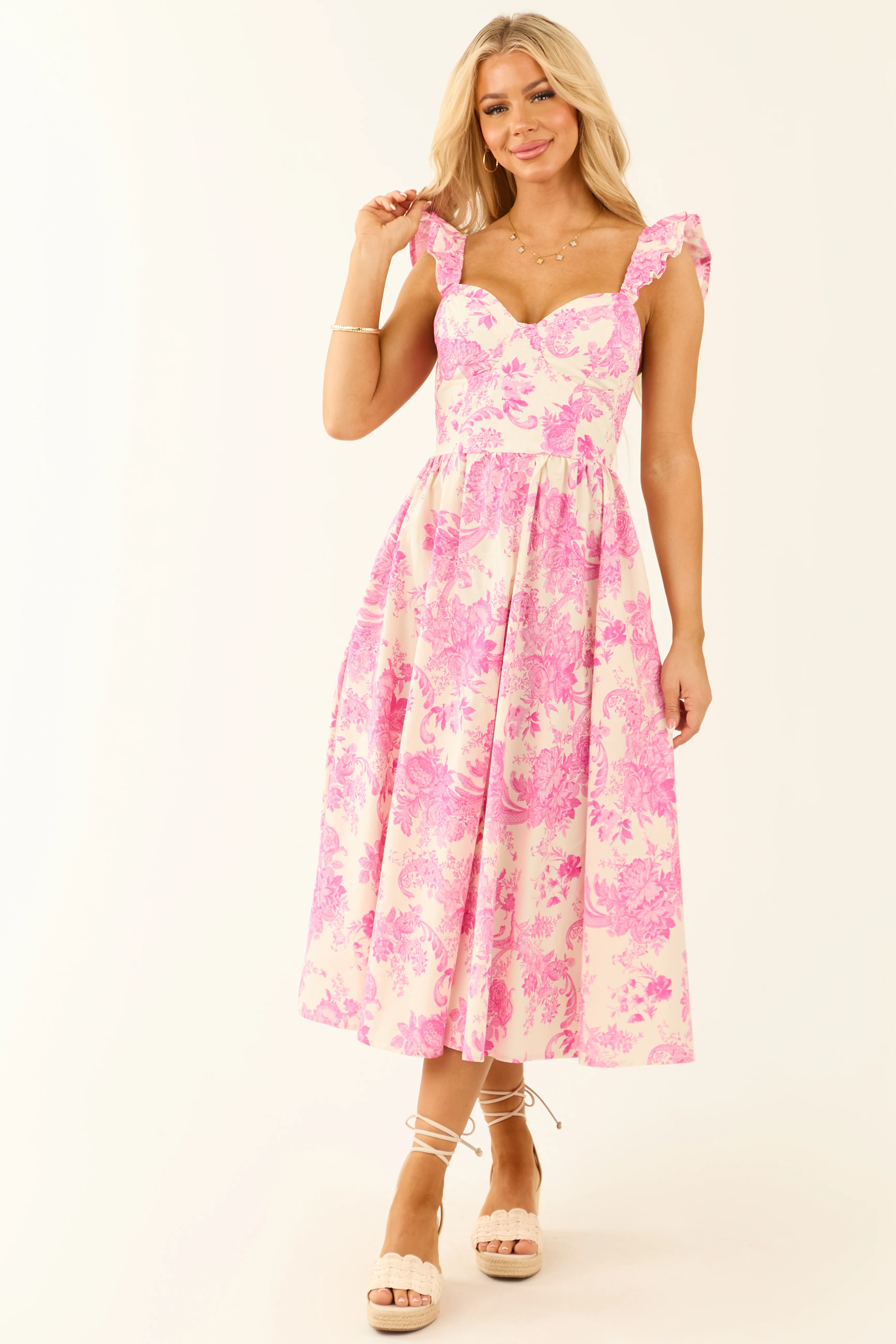 Flying Tomato Fuchsia Floral Ruffle Strap Midi Dress - LD SALE