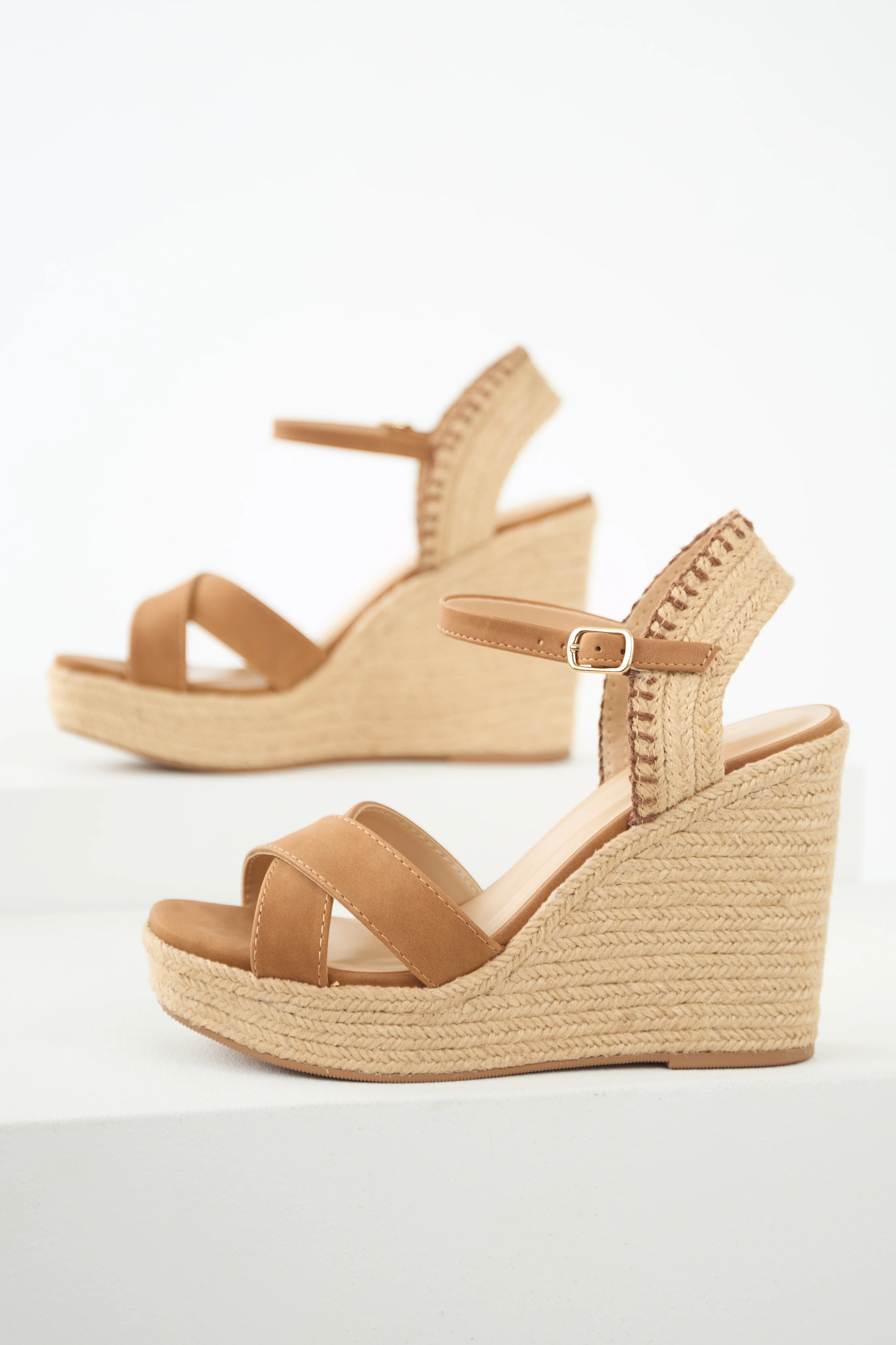Cognac Cross Strap Platform Espadrille Wedges - LD SALE