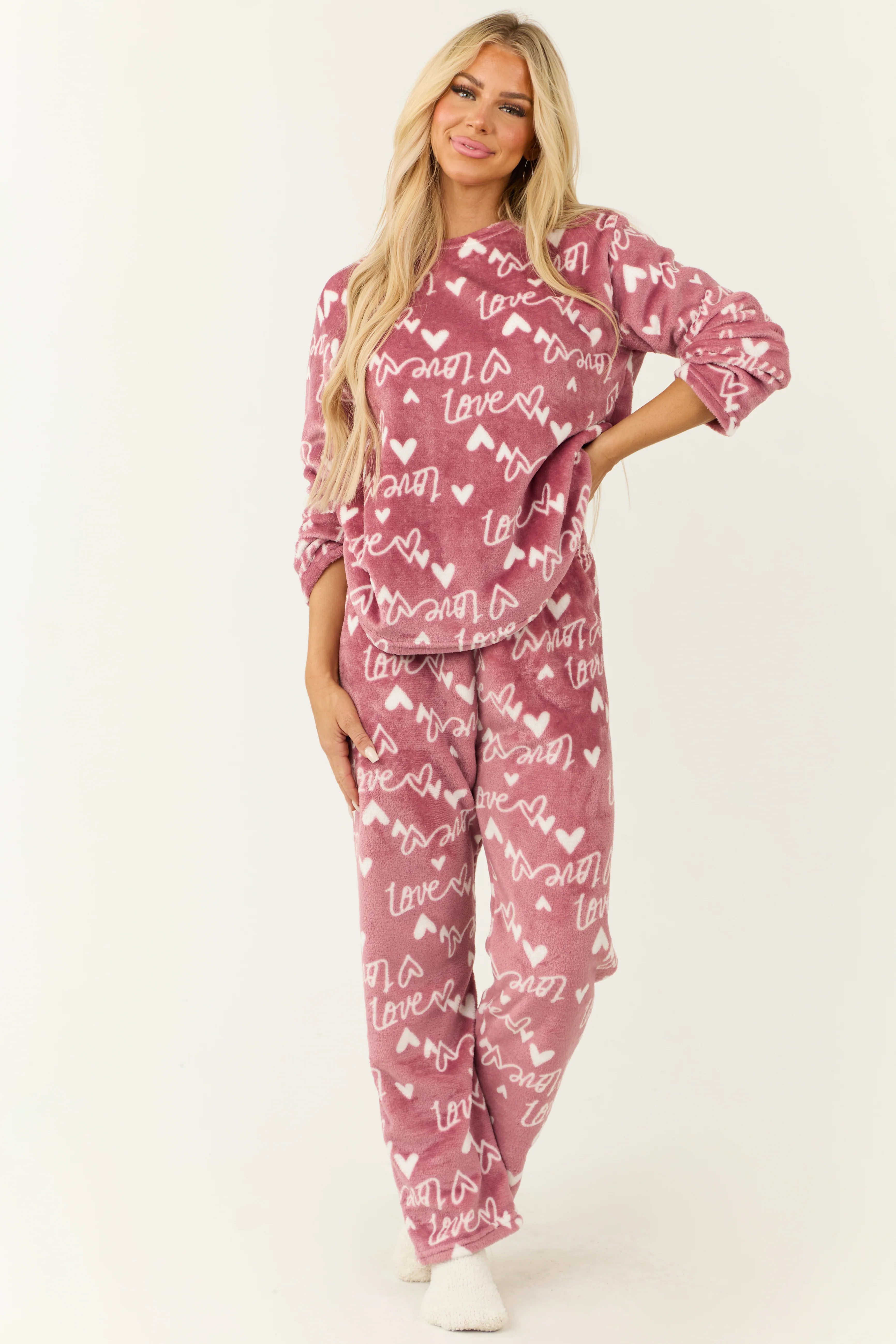 Dusty Blush Heart Love Print 2 Piece Soft Pajama Set - LD SALE