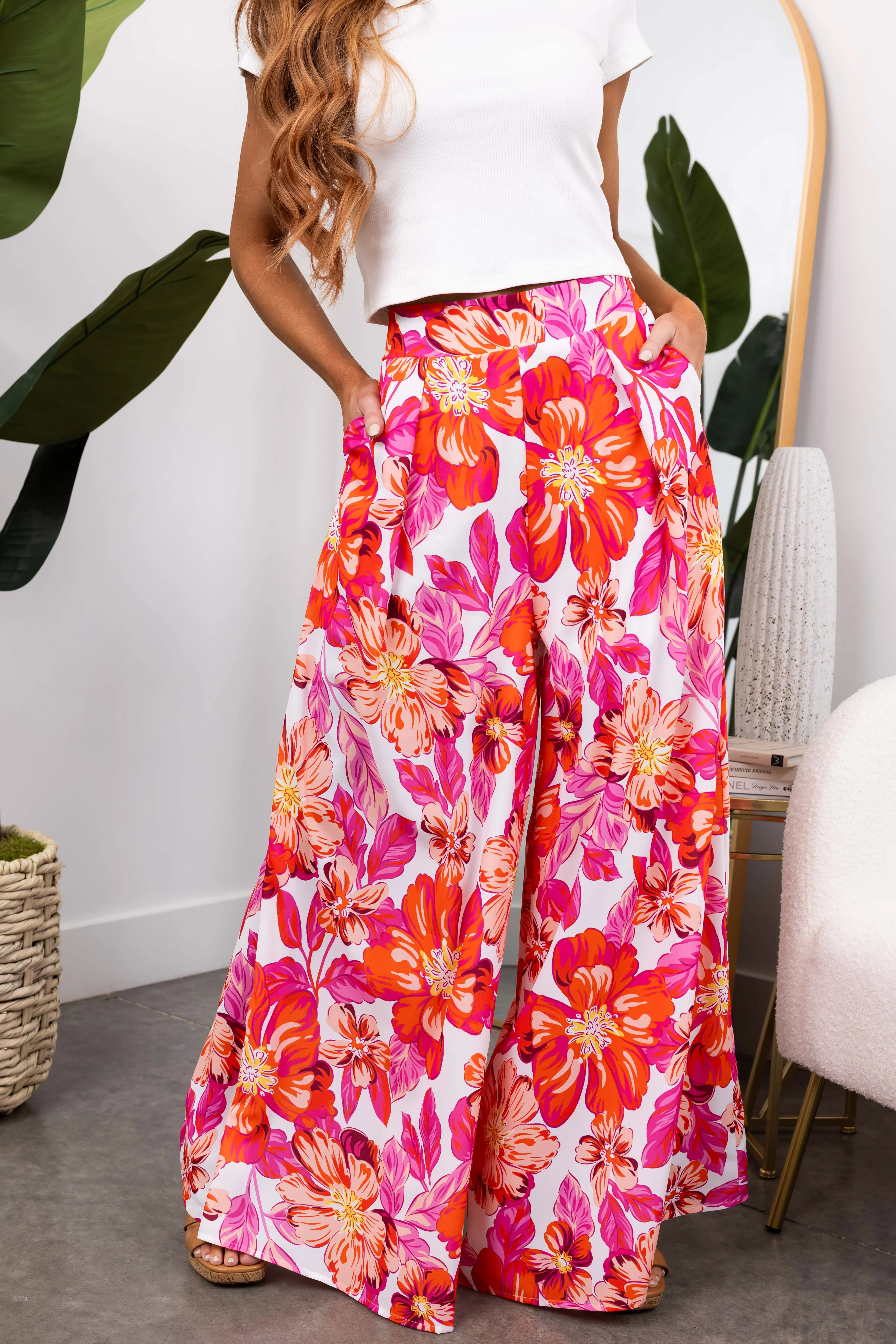 She+Sky Magenta Floral Print Wide Leg Flowy Pants - LD SALE