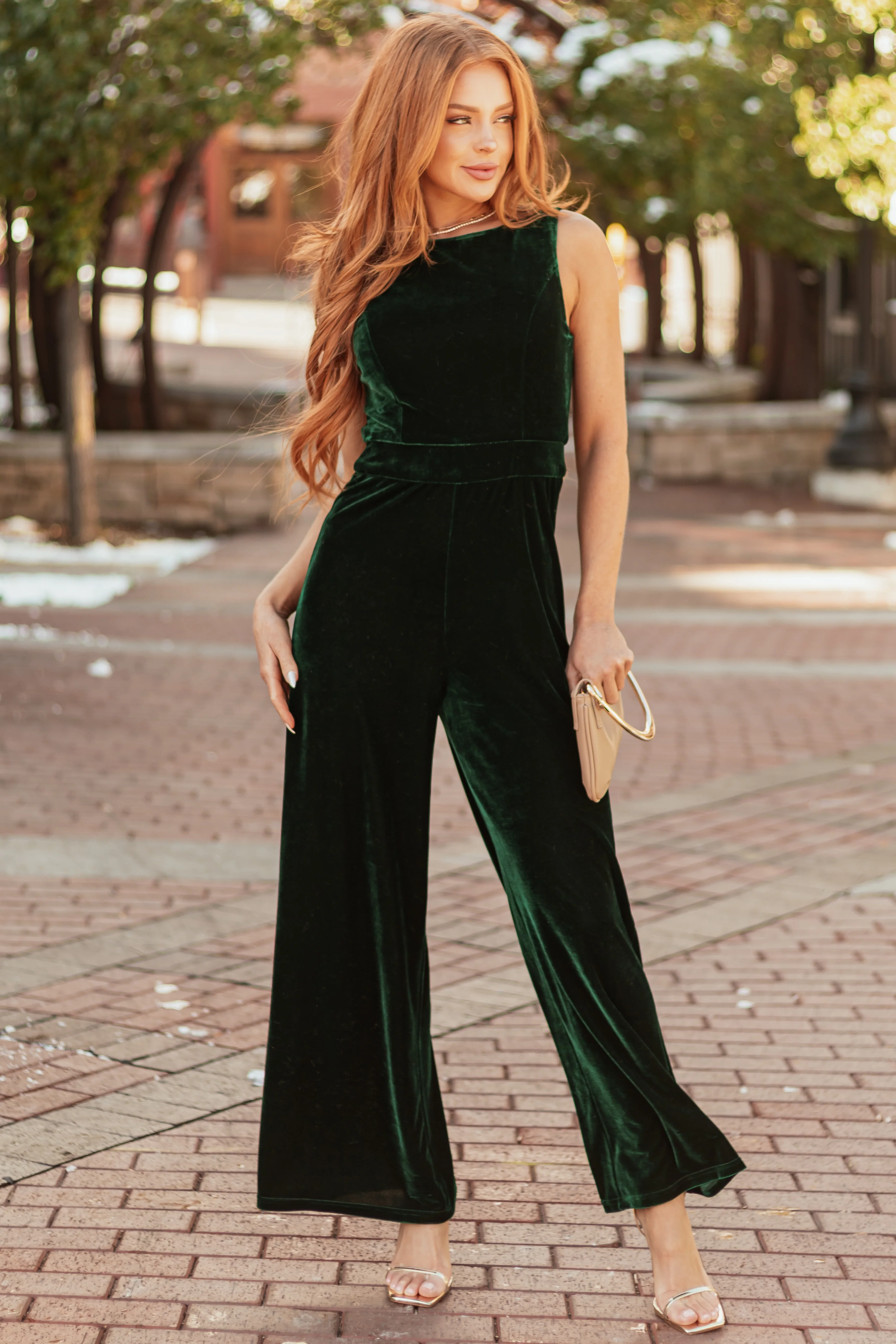 Forest Green Velvet Sleeveless Wide Leg Jumpsuit - LD SALE