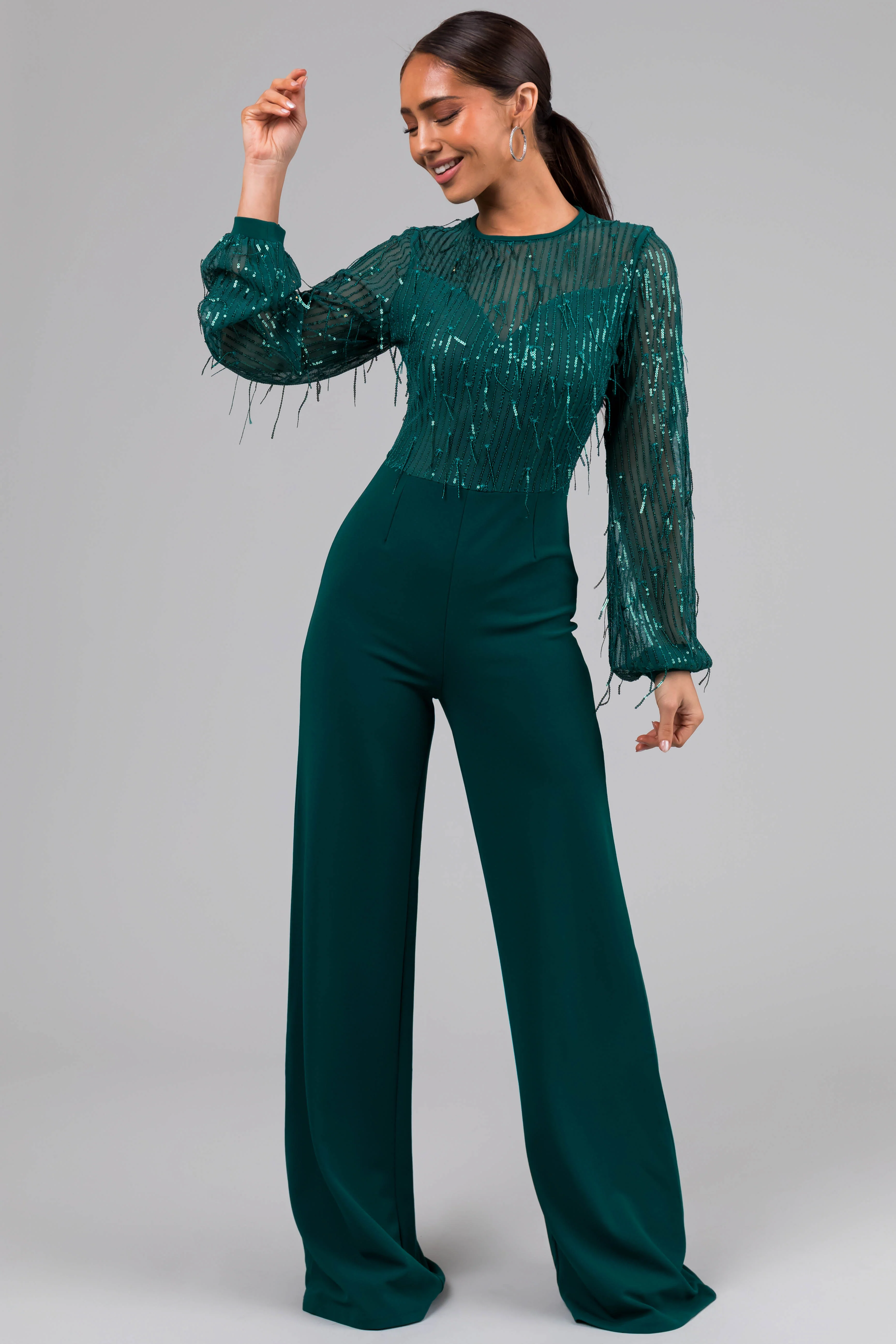 Jade Sequin Fringe Long Sleeve Flare Jumpsuit - LD SALE