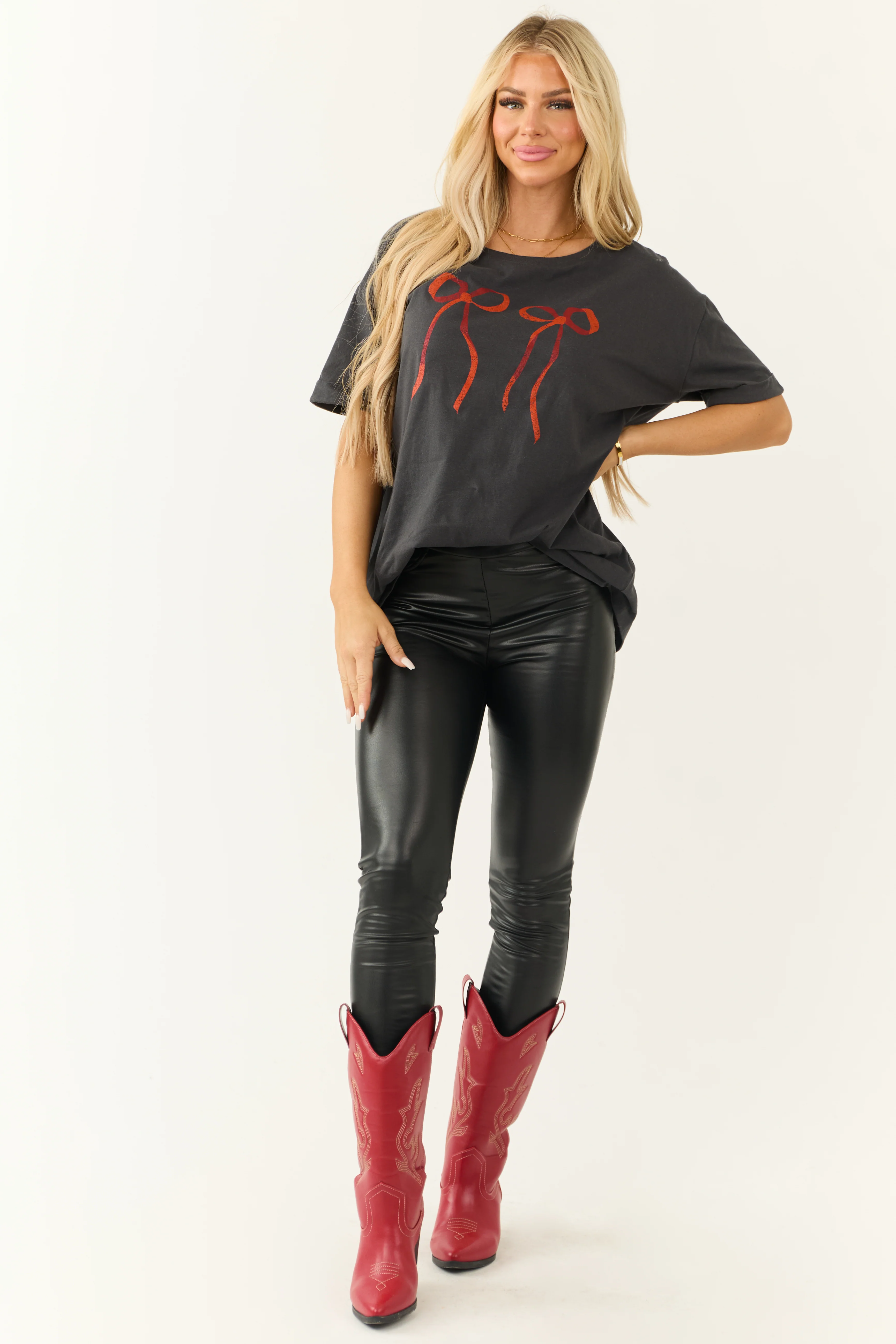 Graphite Bow Oversized Short Sleeve Graphic Top - LD SALE