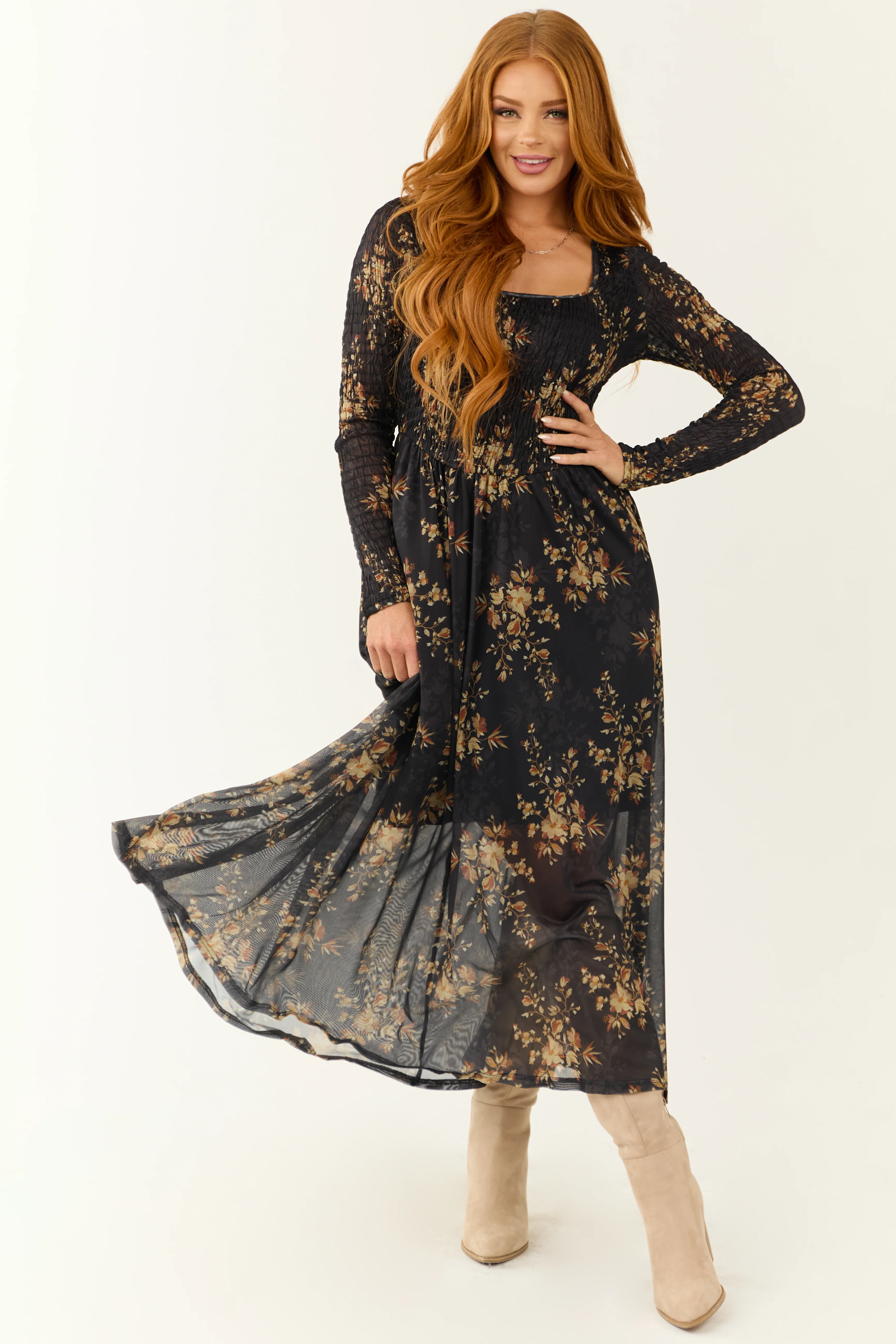 Black Floral Print Smocked Scoop Maxi Dress - LD SALE