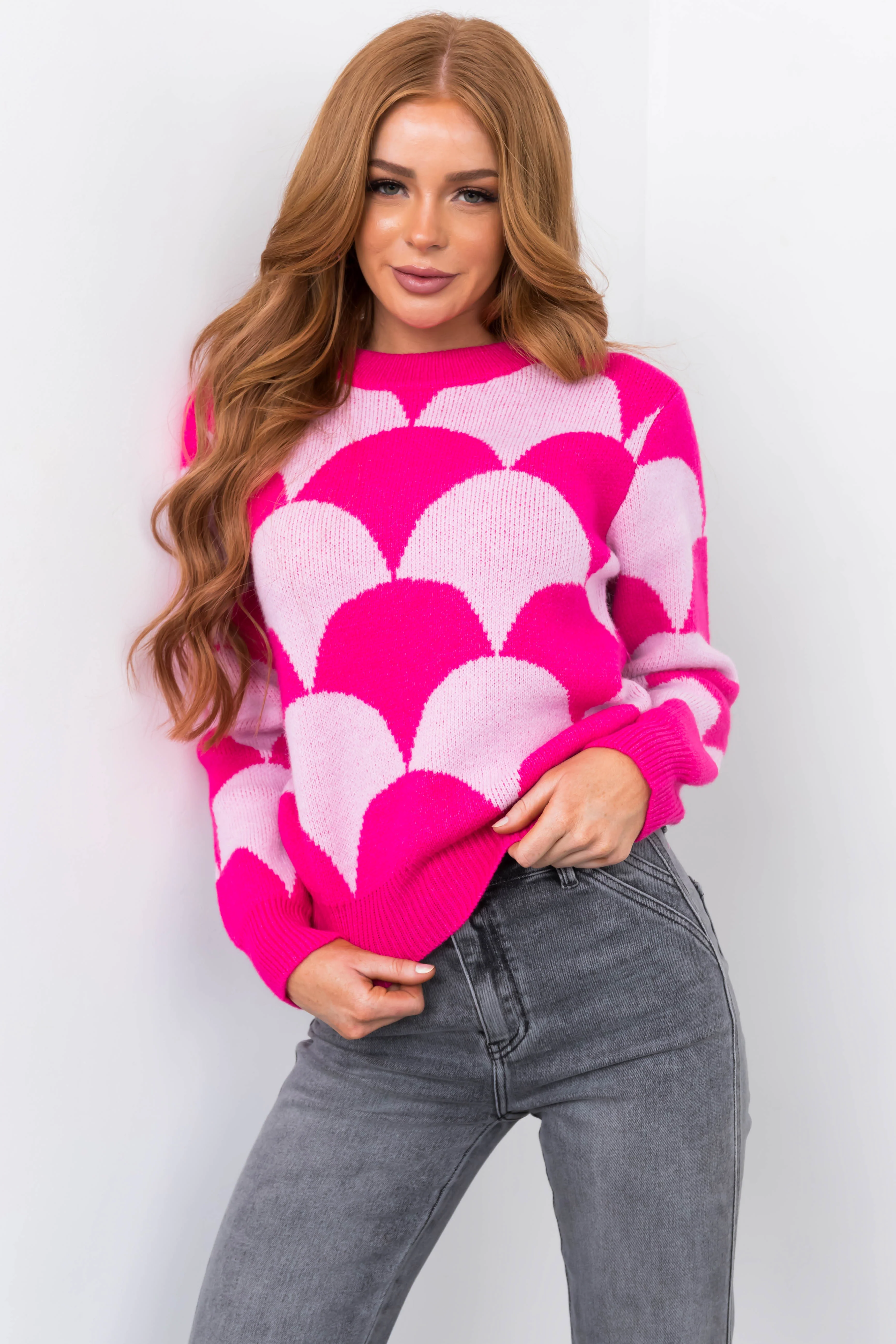 Hot Pink and Blush Scallop Print Knit Sweater - LD SALE