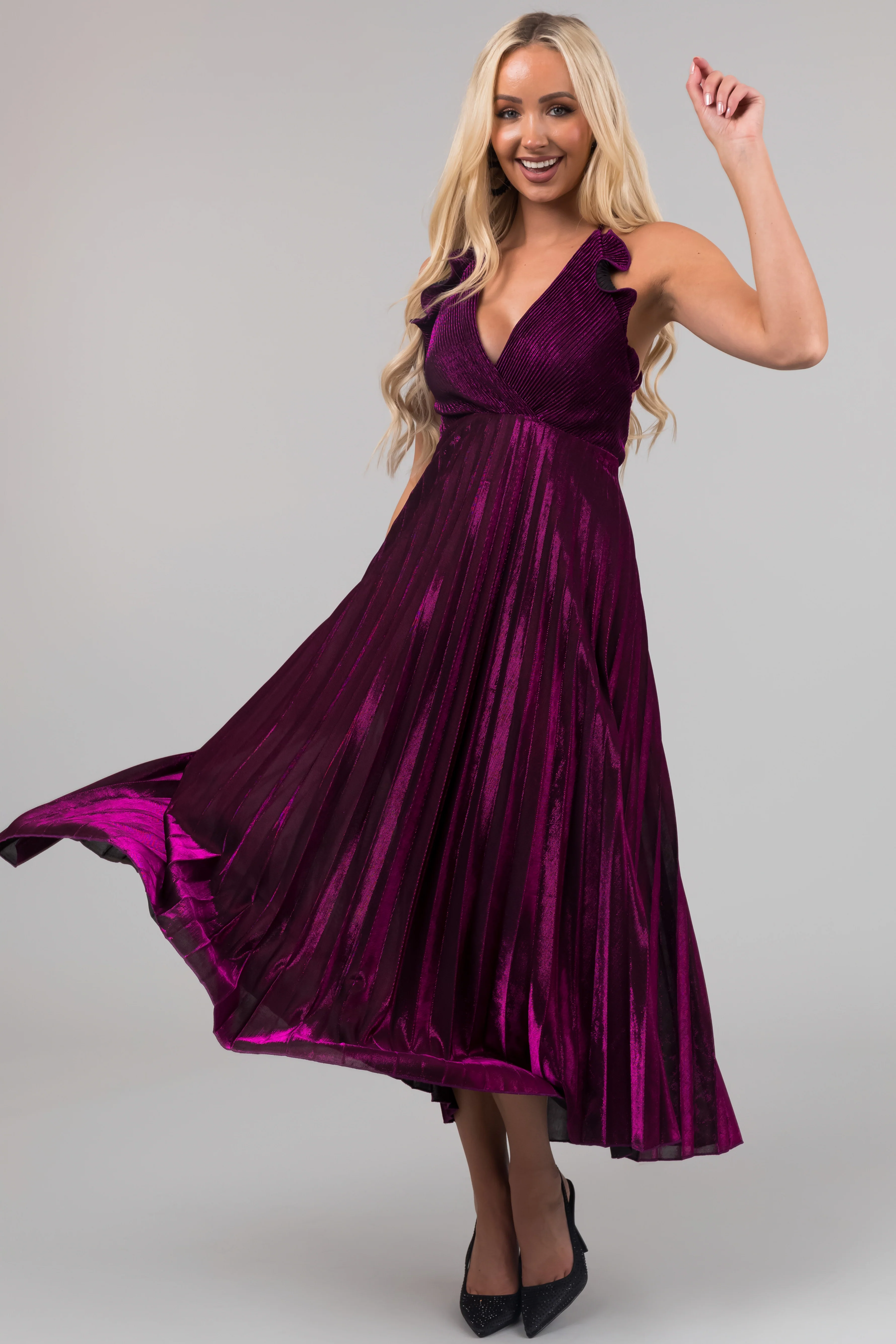 Plum Surplice Neck Sleeveless Pleated Maxi Dress - LD SALE
