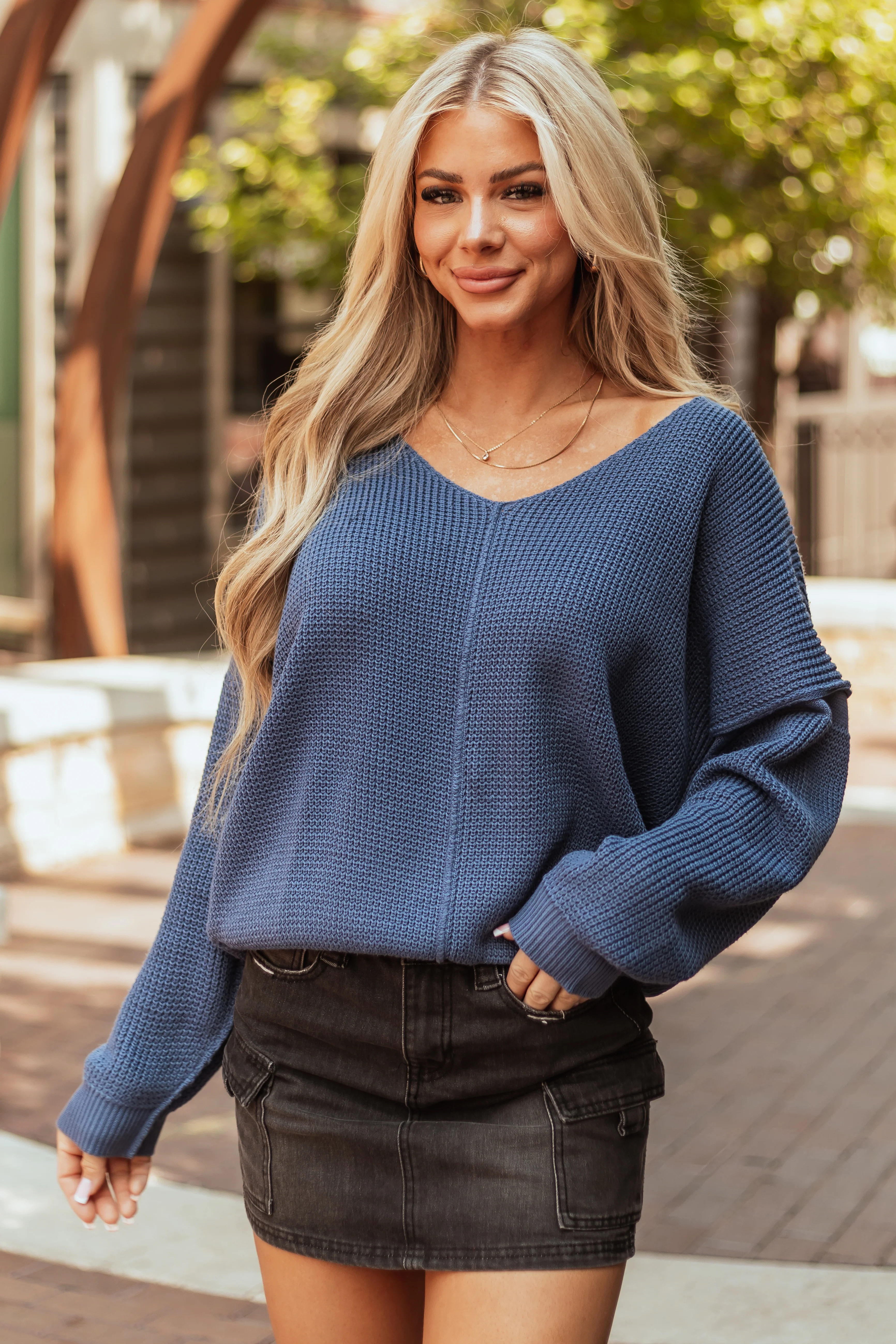 Steel Blue V Neck Long Sleeve Knit Sweater - LD SALE
