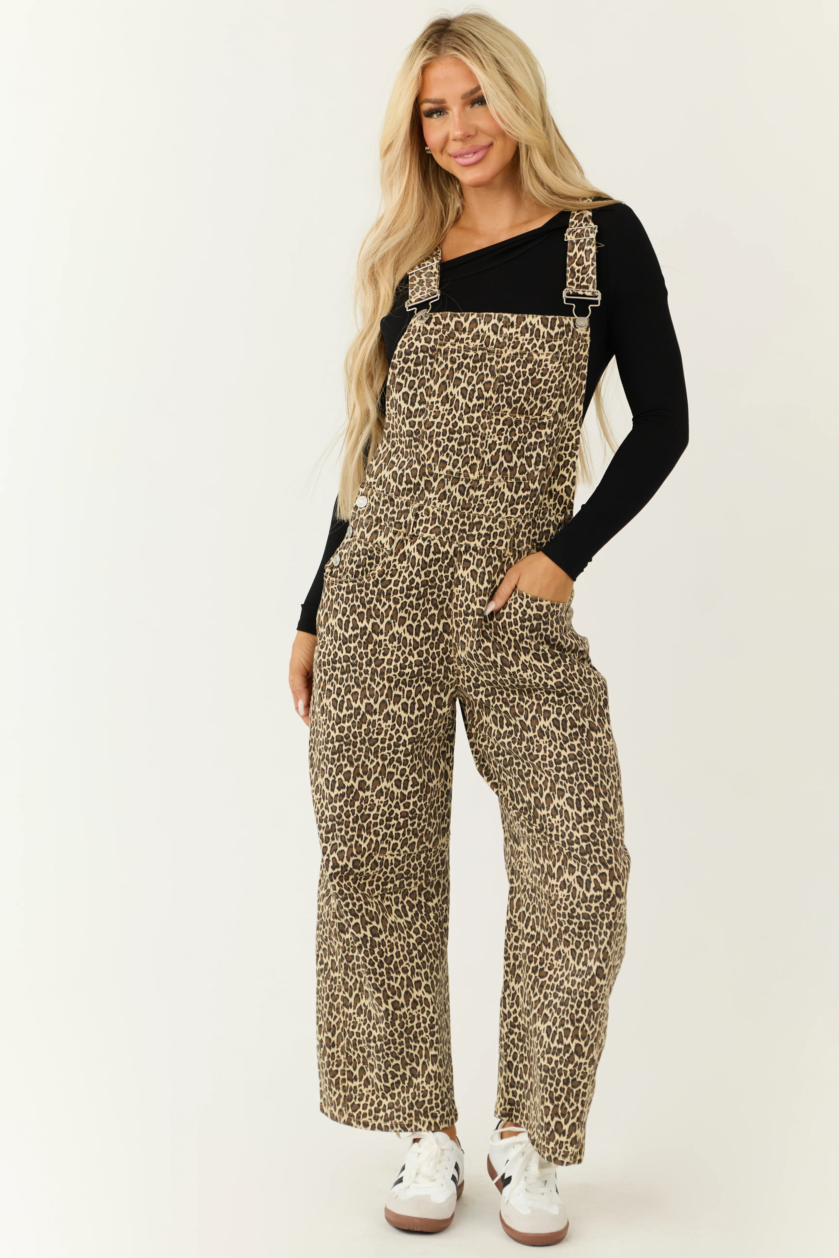 Almond Leopard Print Denim Overall Jumpsuit - LD SALE
