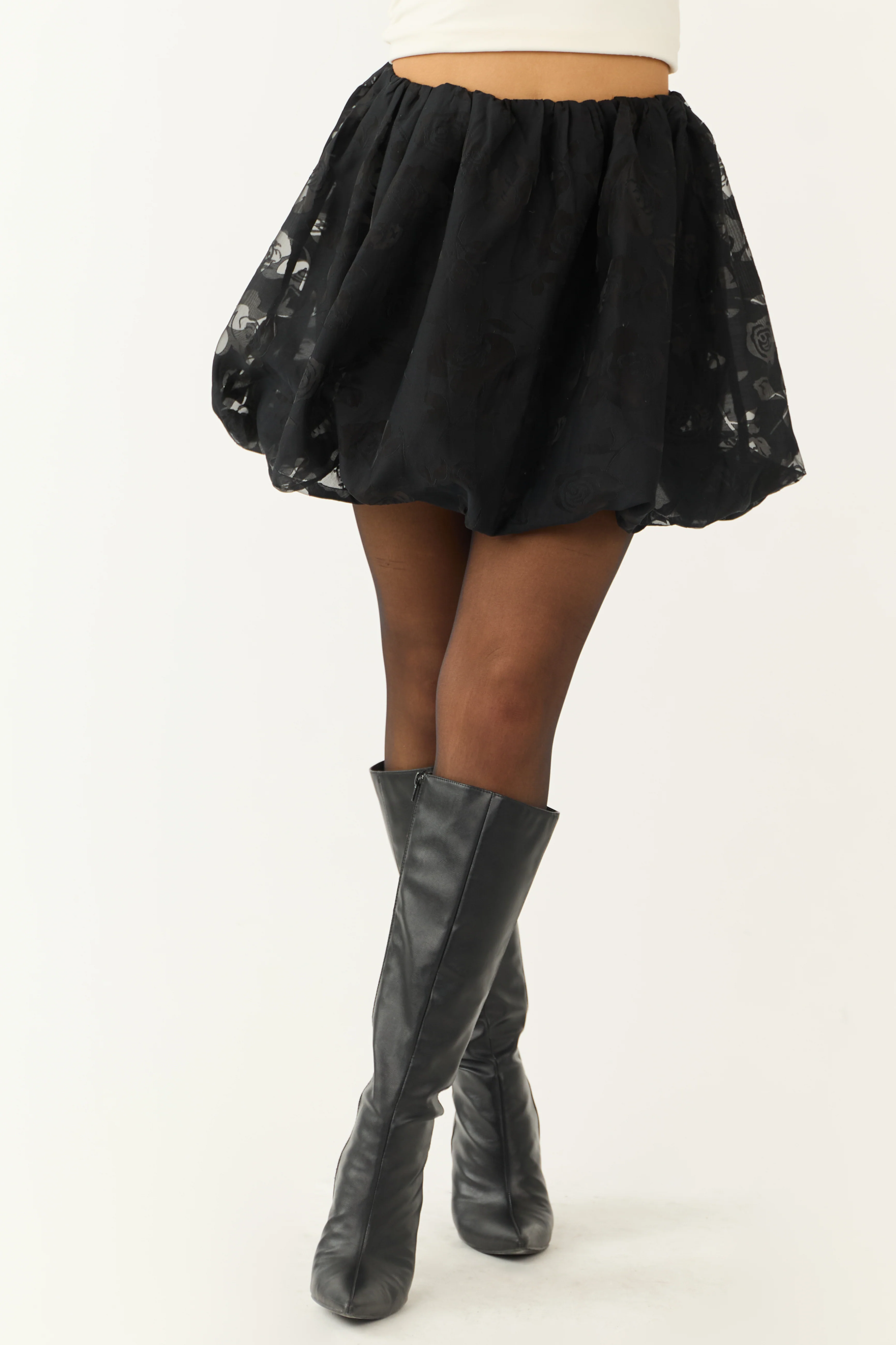 Black Burnout Floral Mesh Bubble Mini Skirt - LD SALE