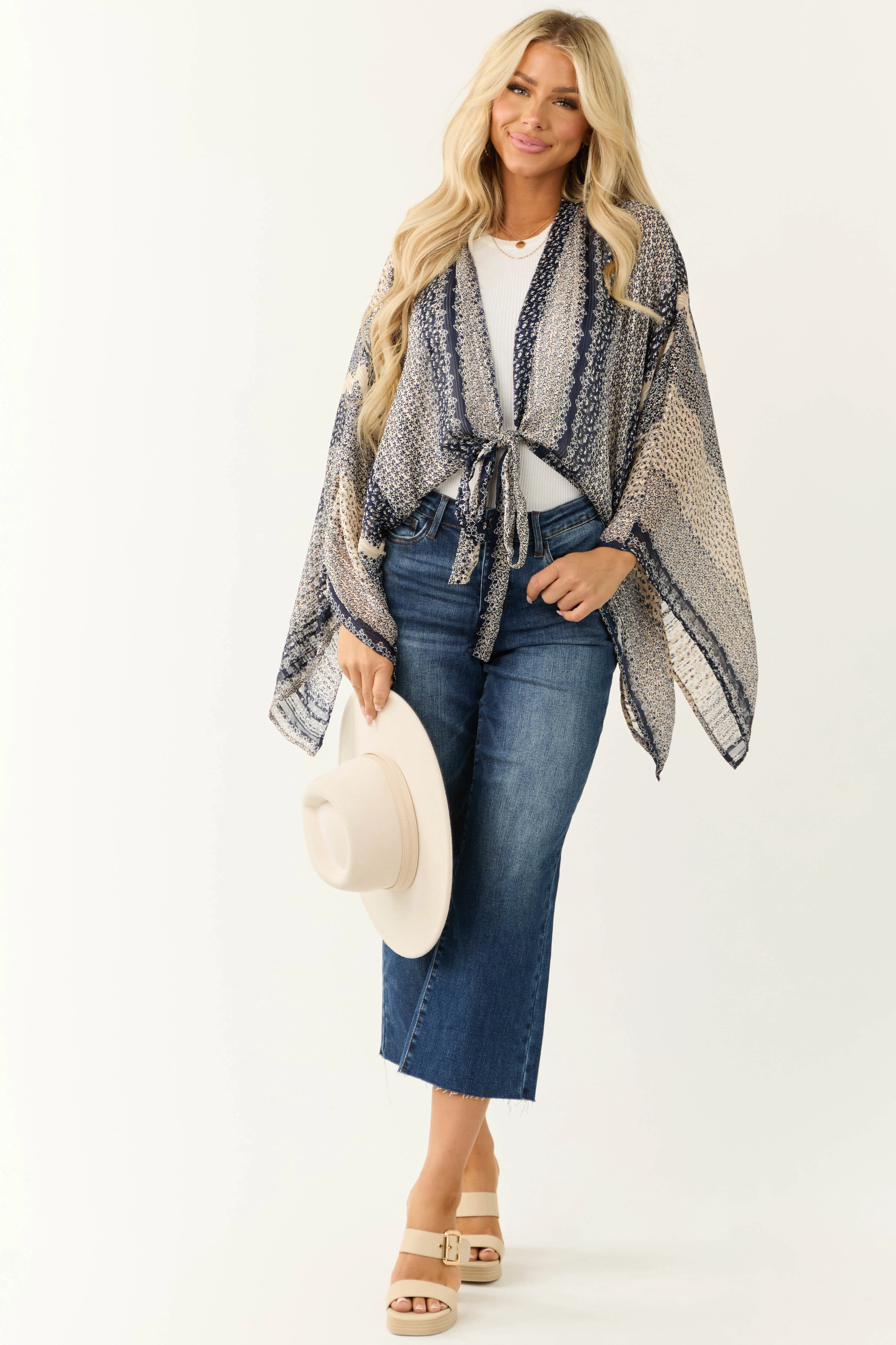 Navy Multi Print Front Tie Long Sleeve Kimono - LD SALE
