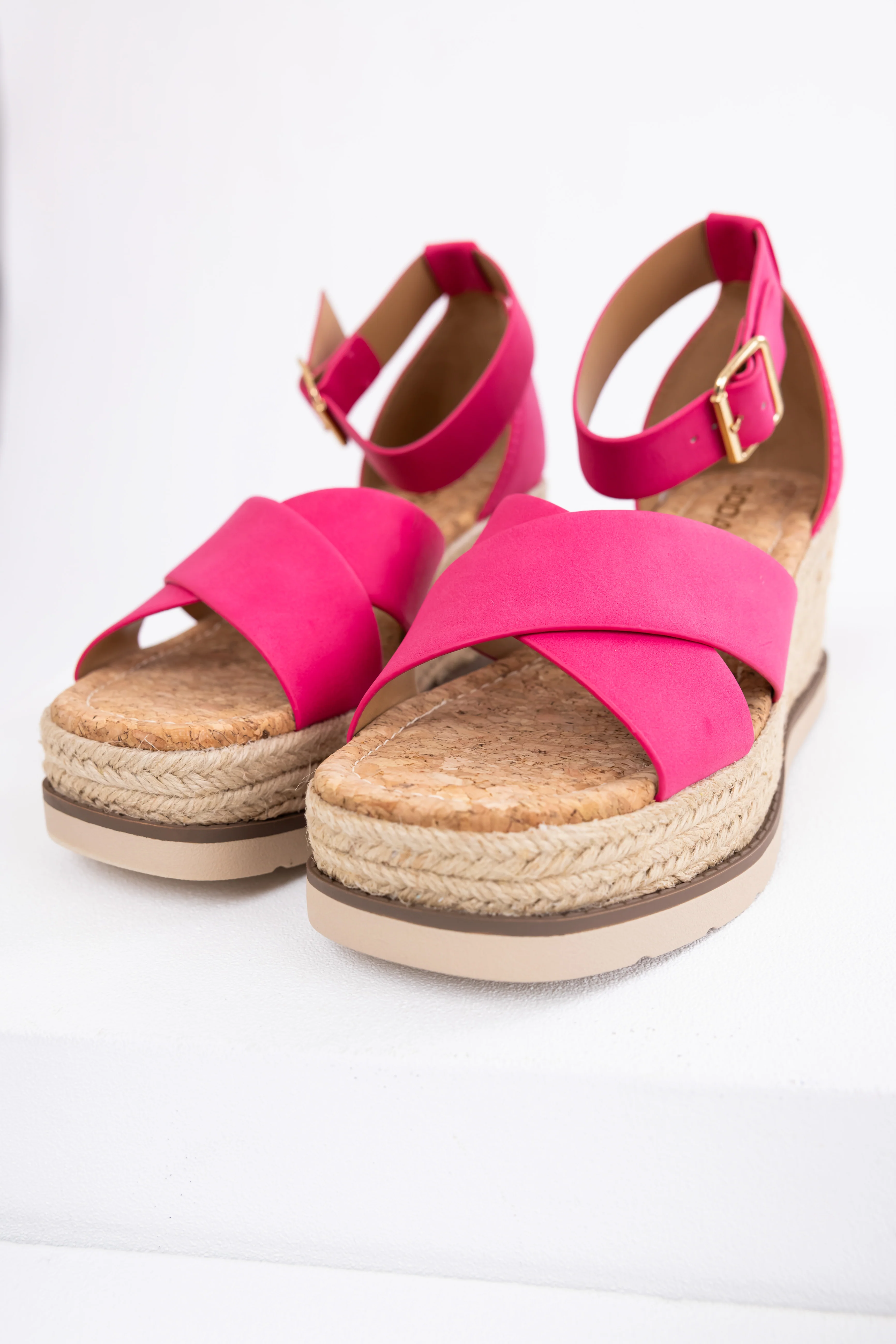 Hot Pink Cross Strap Espadrille Platform Sandals - LD SALE