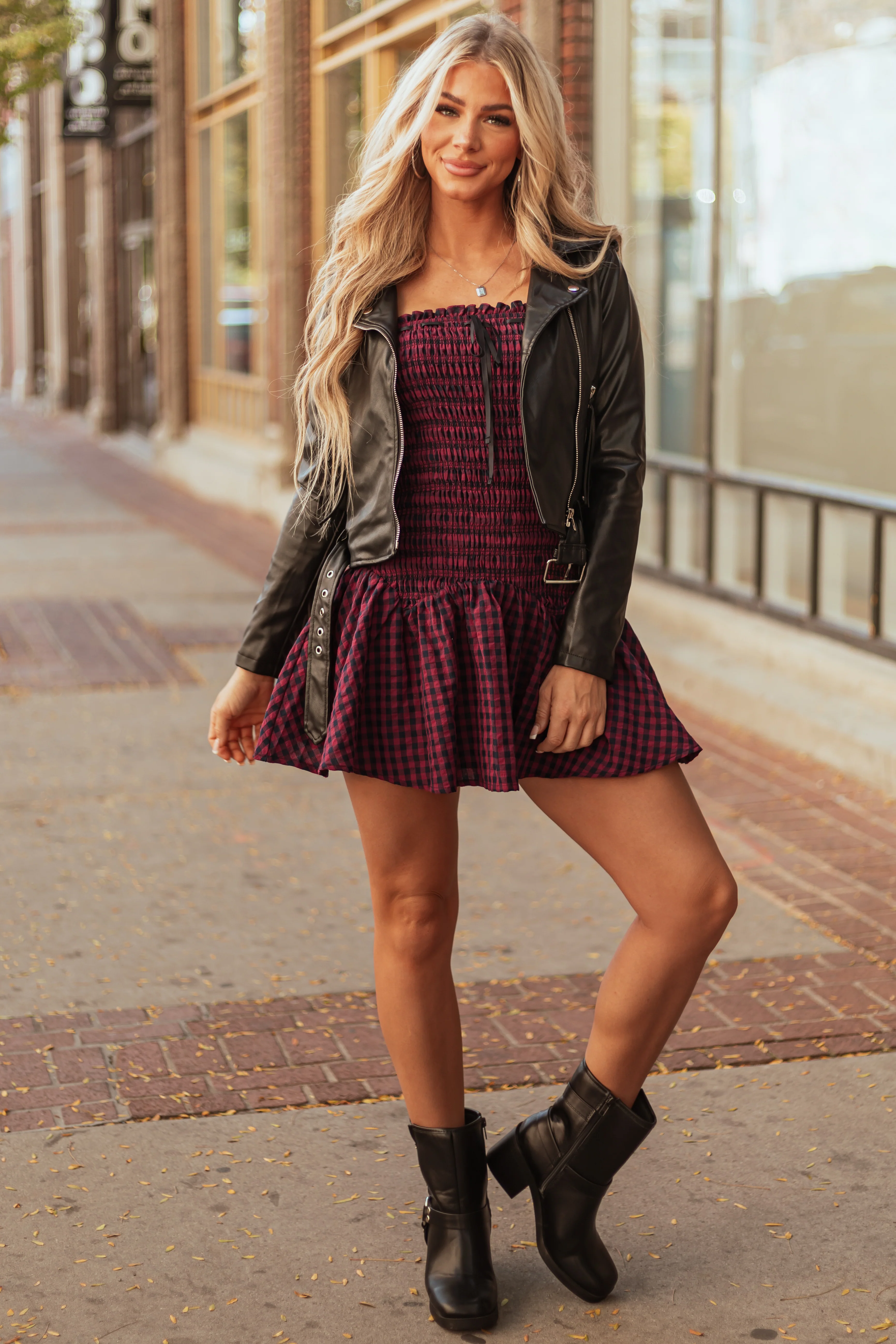 Ruby and Black Plaid Smocked Mini Dress - LD SALE