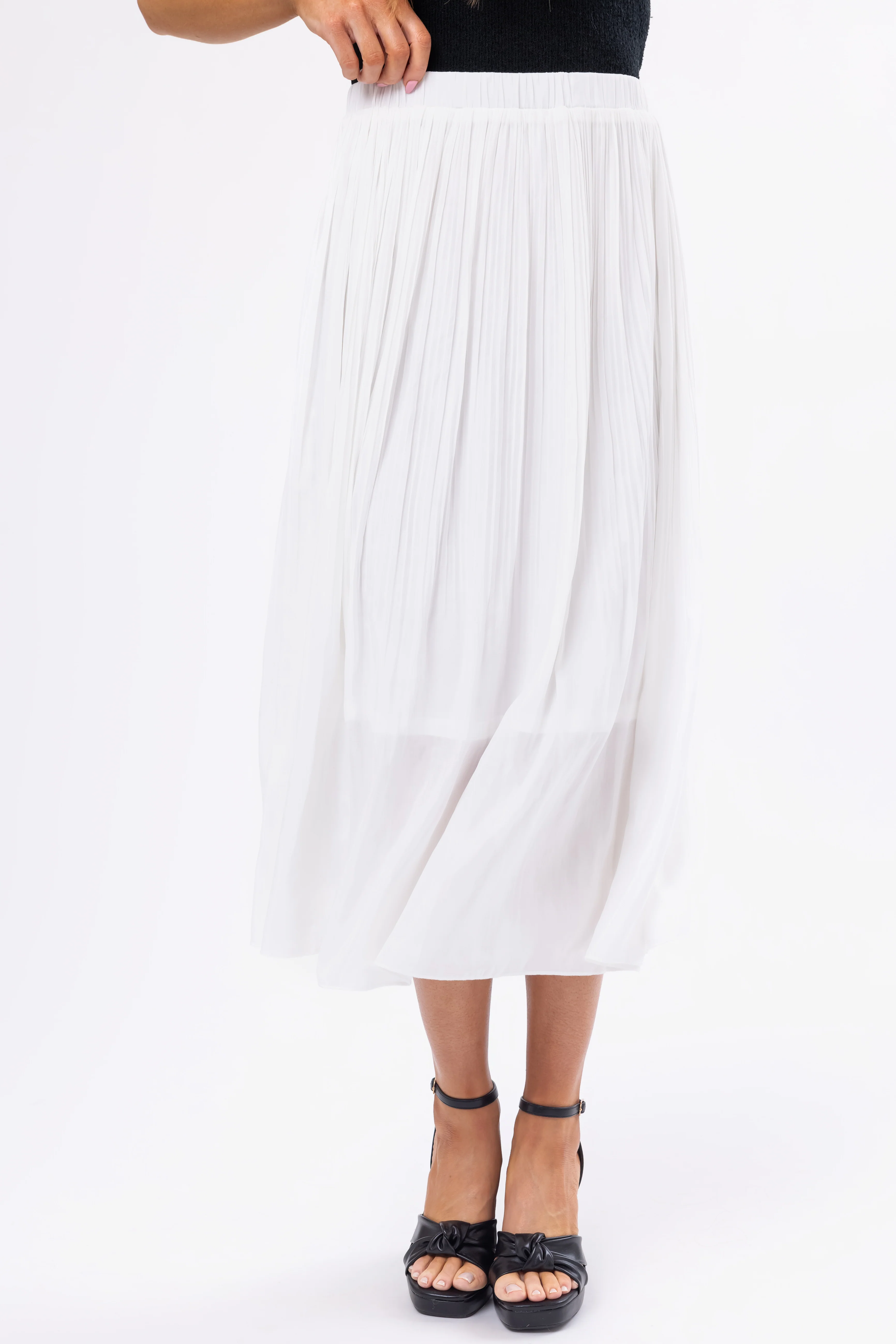 Off White Pleated Elastic Waistband Midi Skirt - LD SALE
