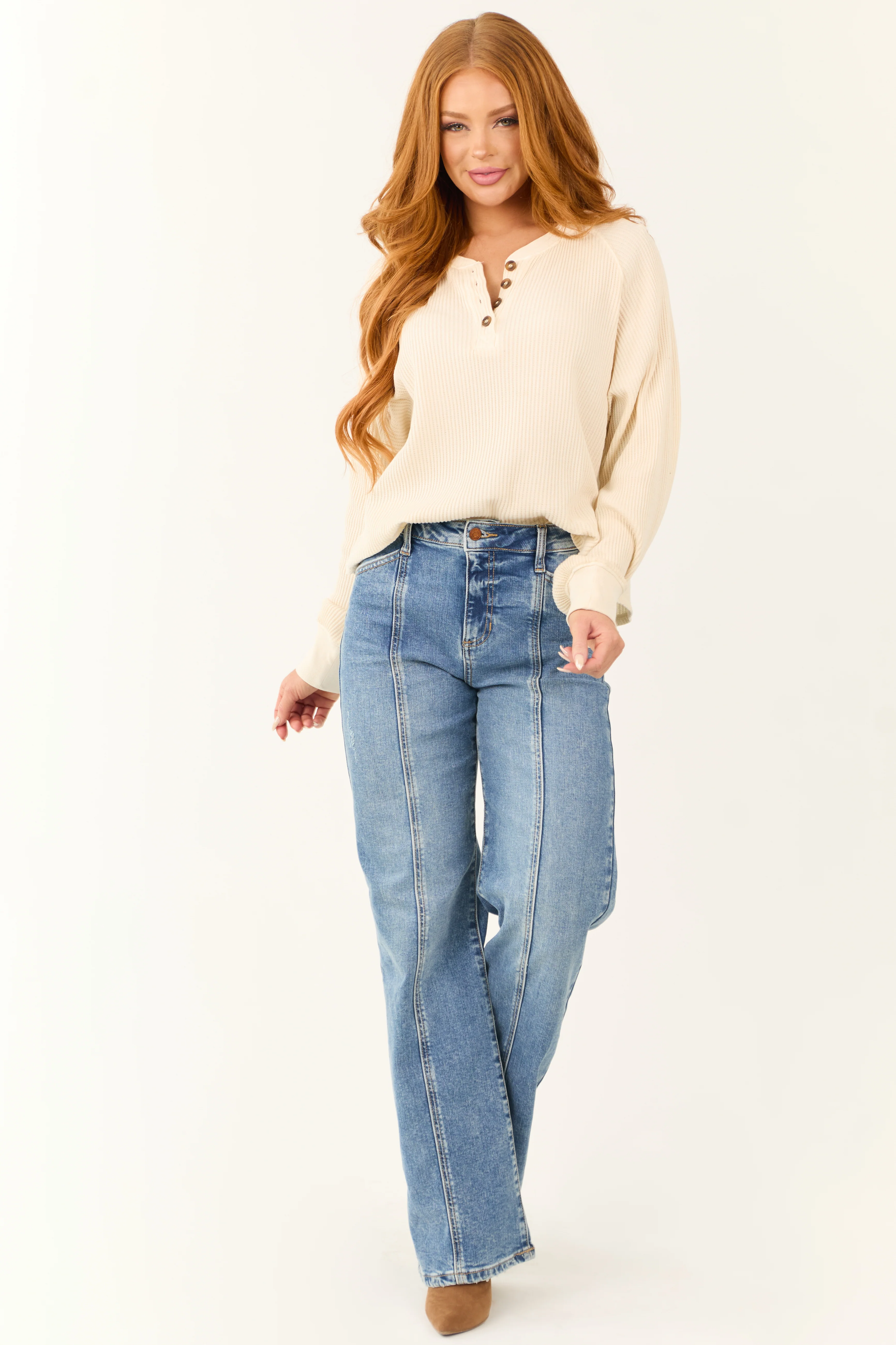 Cream Waffle Knit Half Button Long Sleeve Top - LD SALE