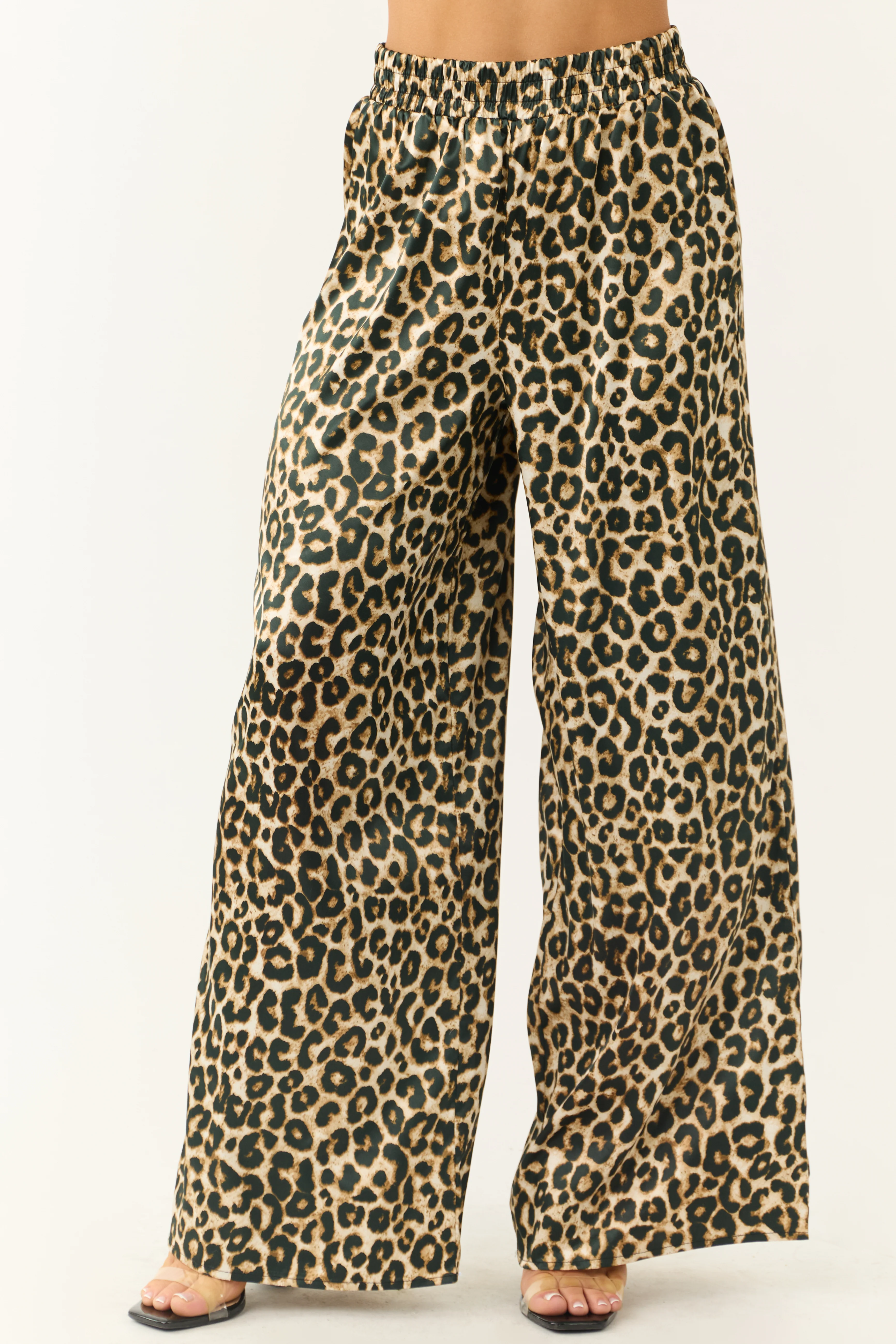 Camel Satin Leopard Print Wide Leg Pants - LD SALE