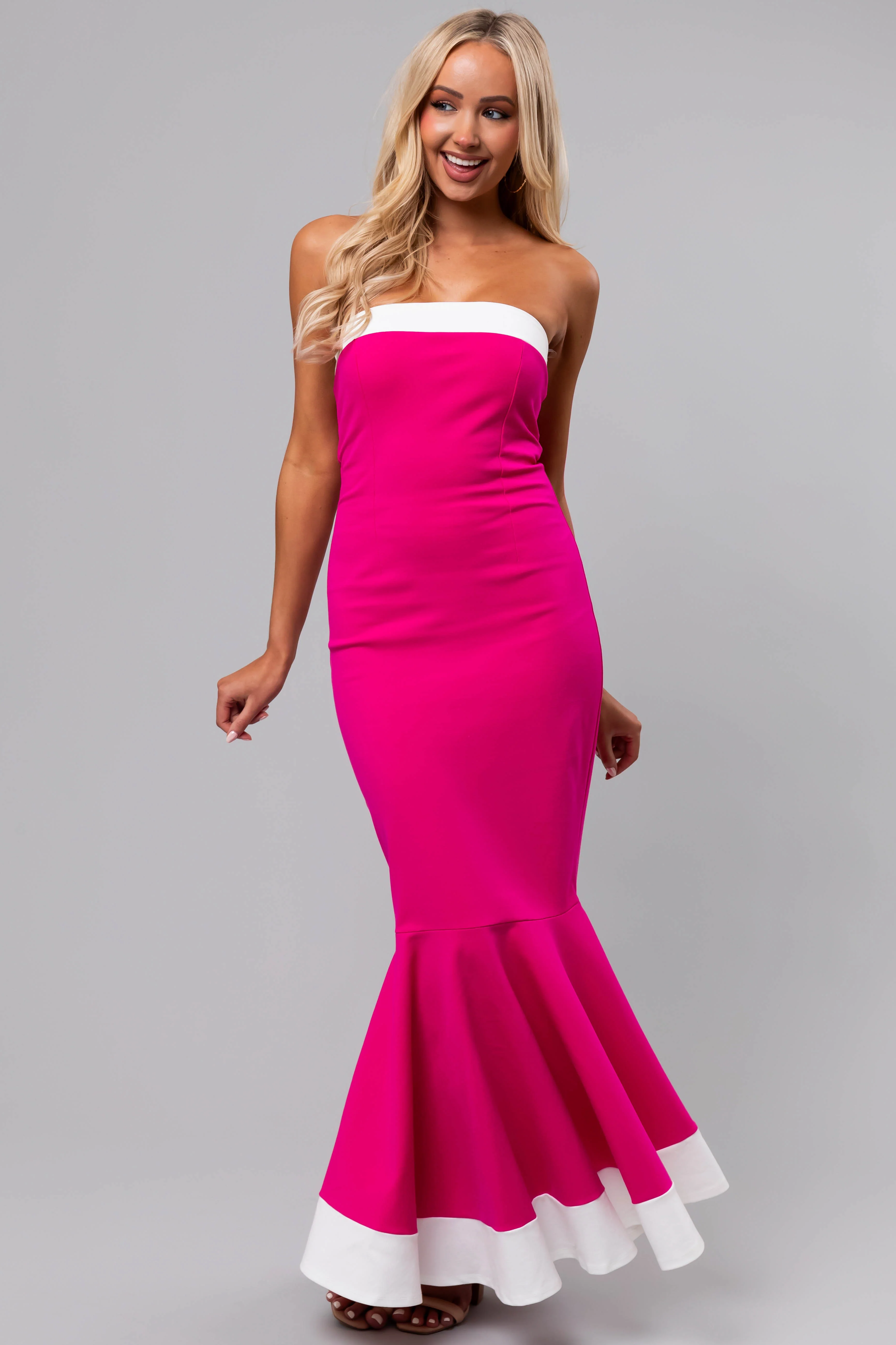 Magenta Contrast Strapless Midi Dress - LD SALE