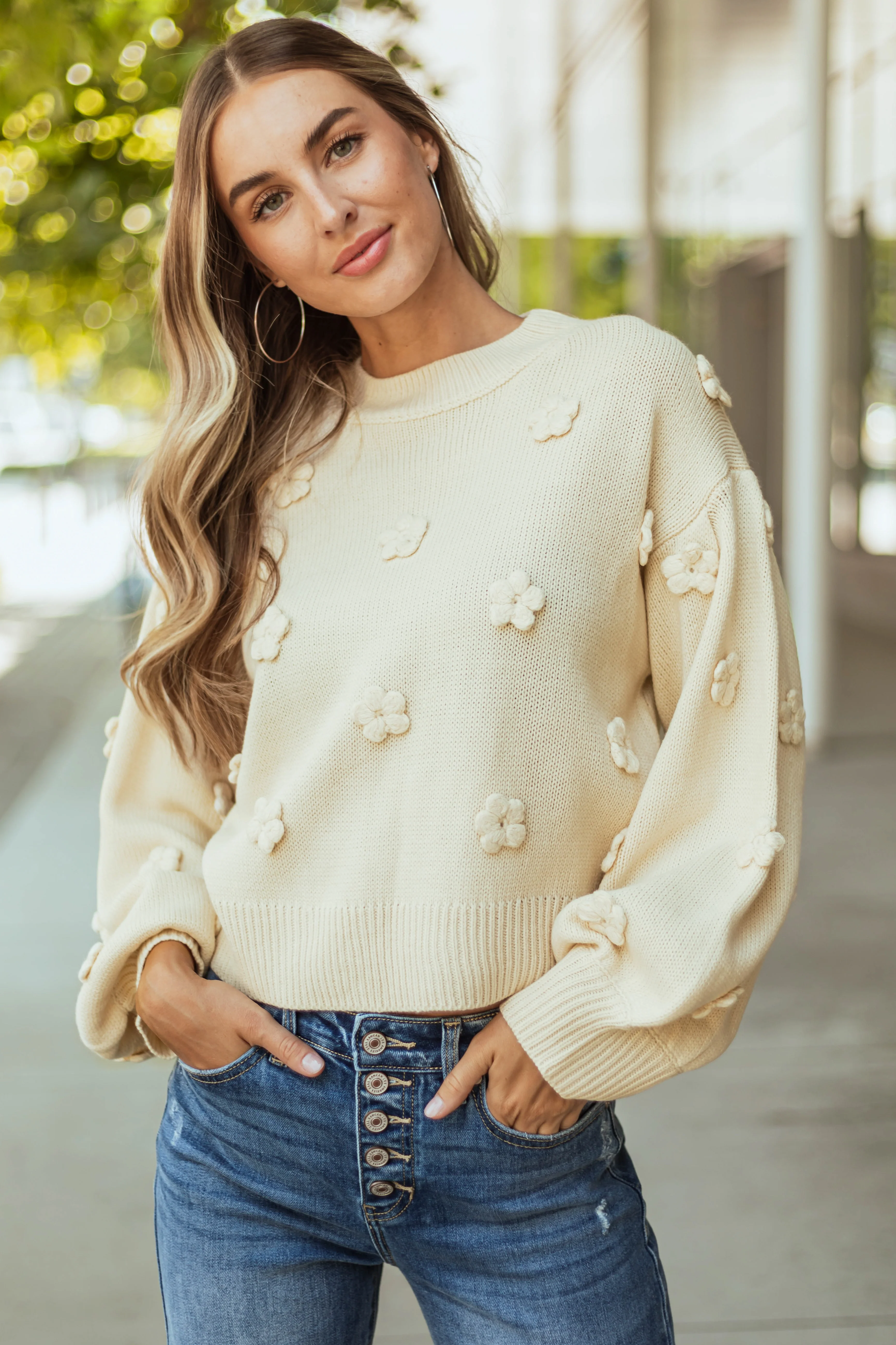 Cream Knit Floral Applique Sweater - LD SALE