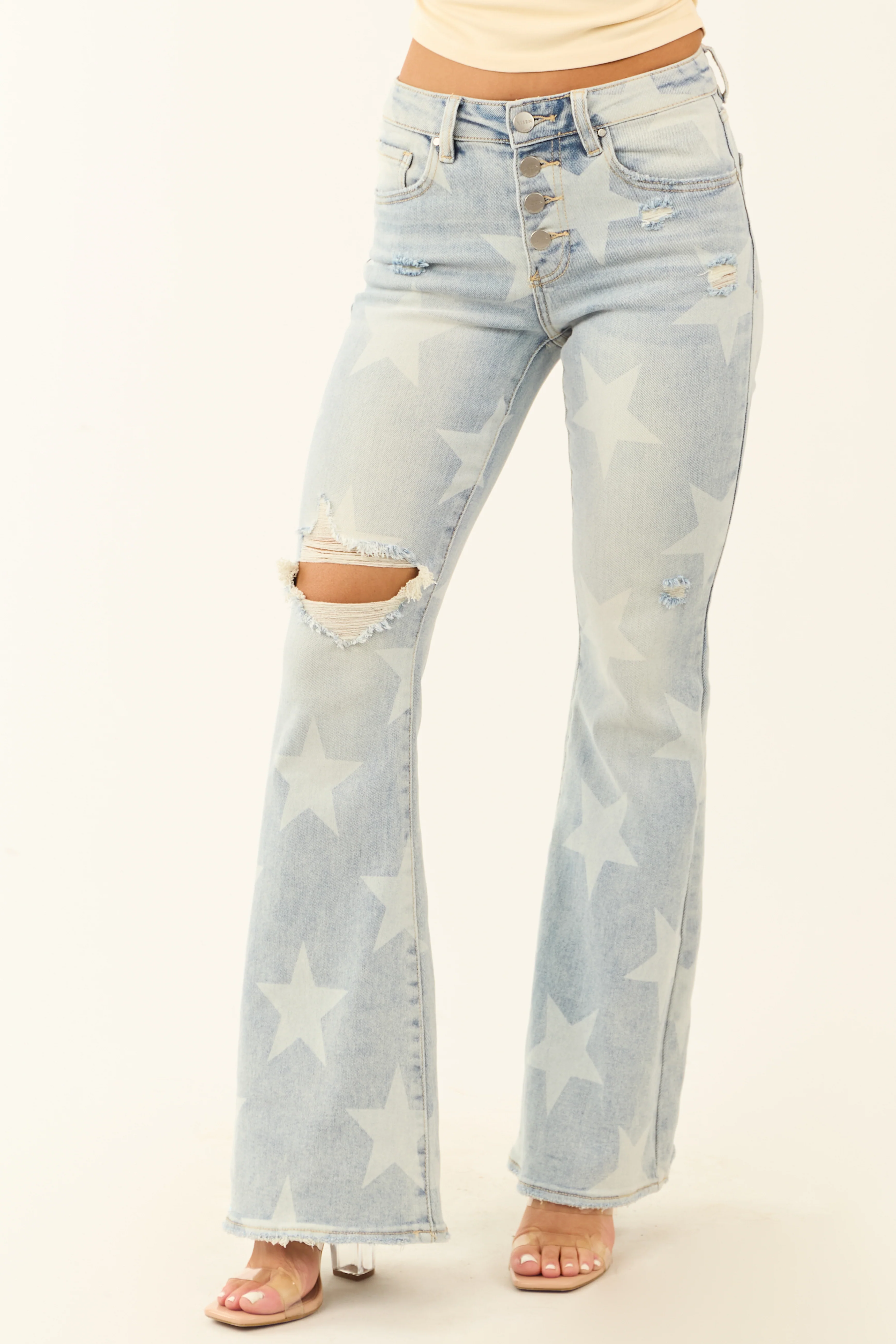 Risen Mid Rise Star Print Stretchy Flare Jeans - LD SALE