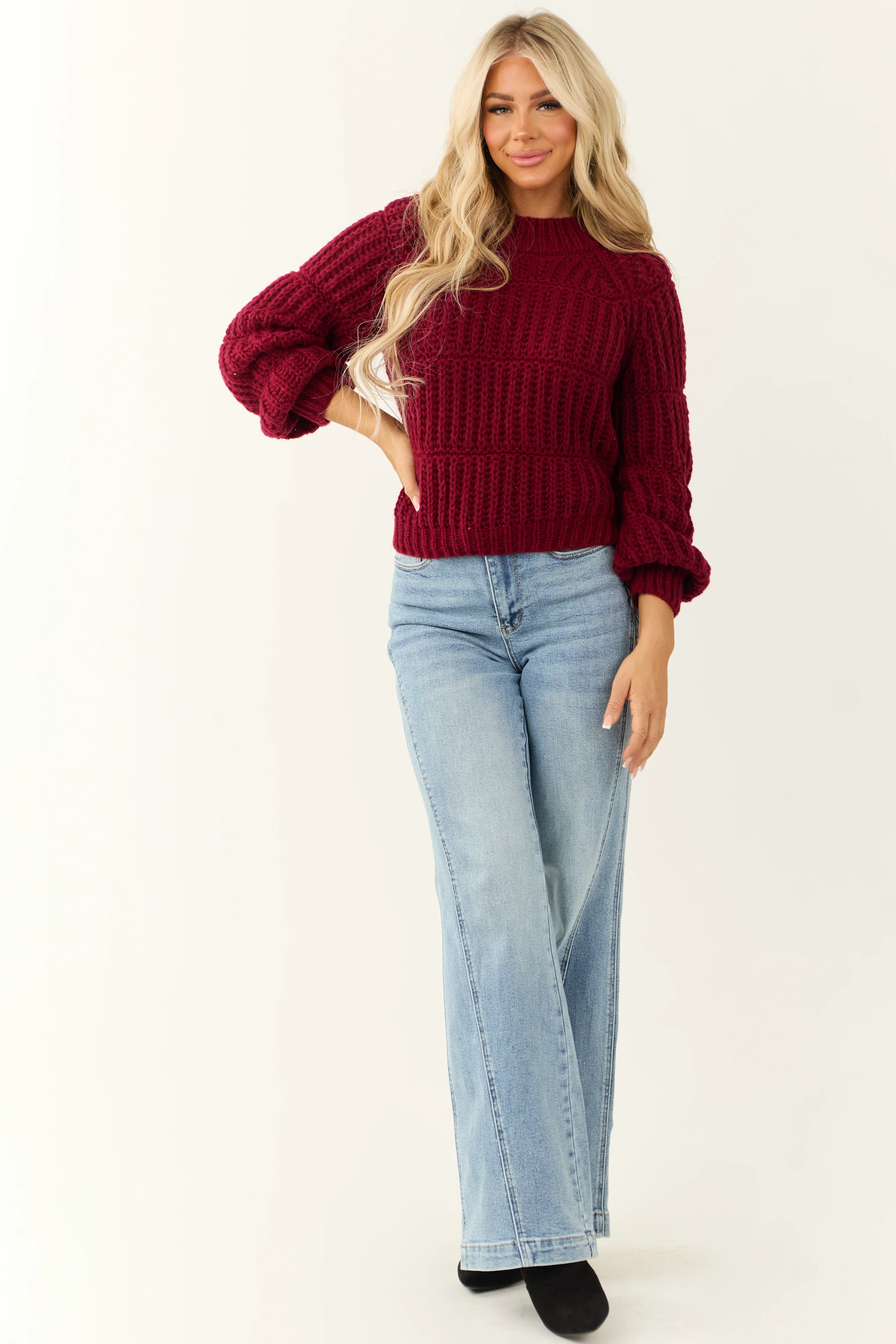 Wine Chunky Knit Mixed Weave Sweater - LD SALE