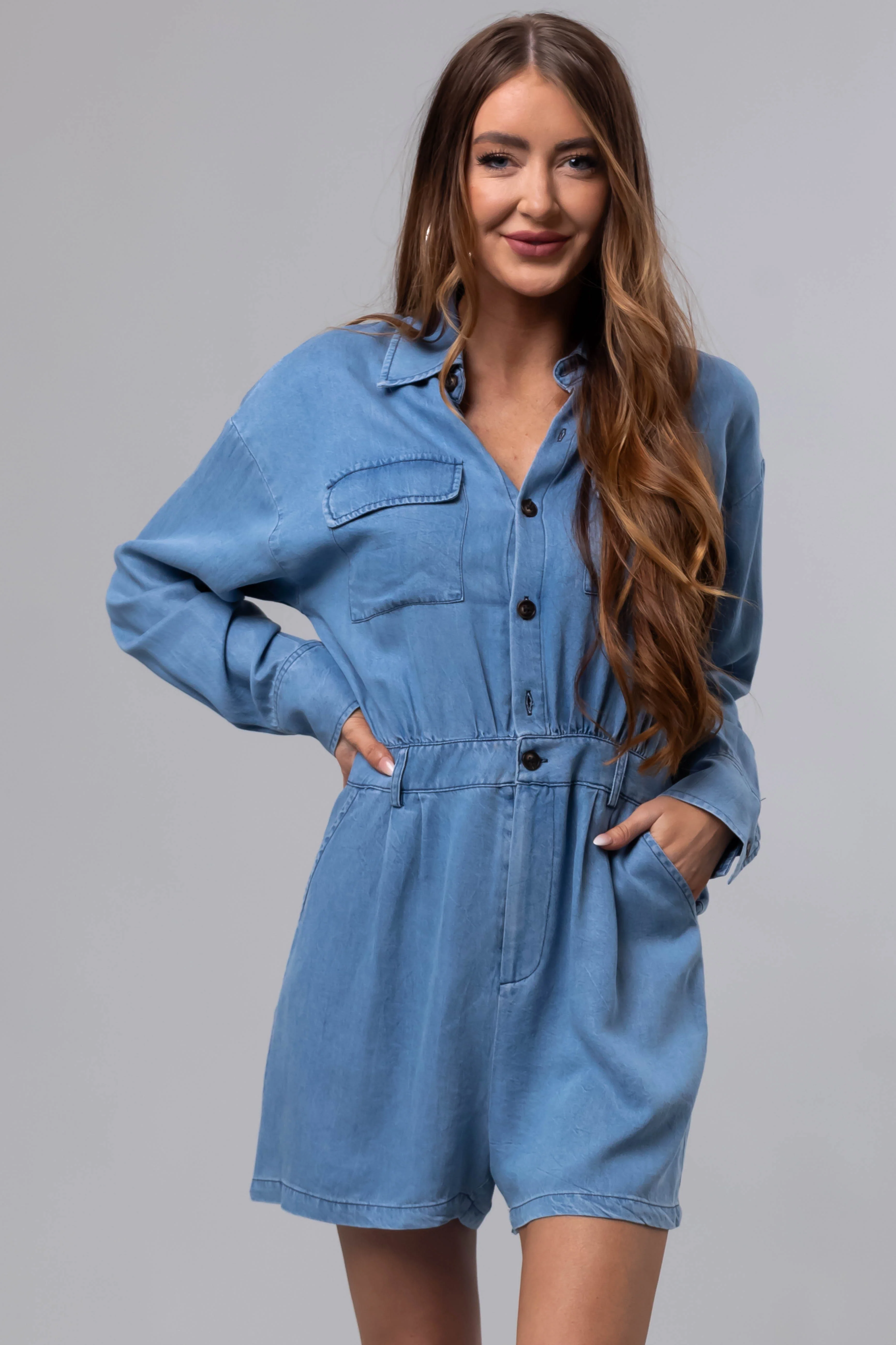 Medium Denim Long Sleeve Button Up Romper - LD SALE