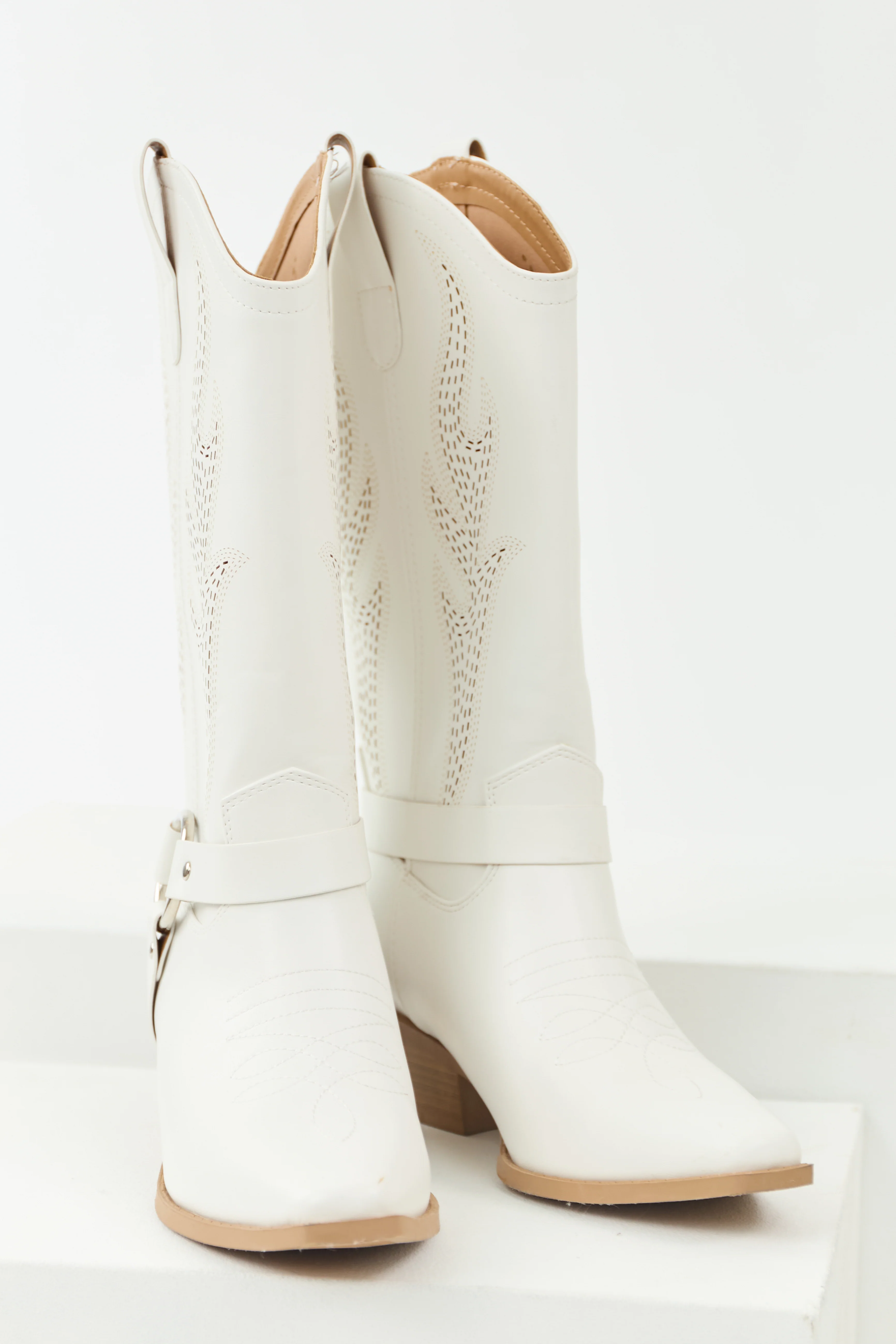 Off White Embroidered Riding Strap Heeled Boots - LD SALE