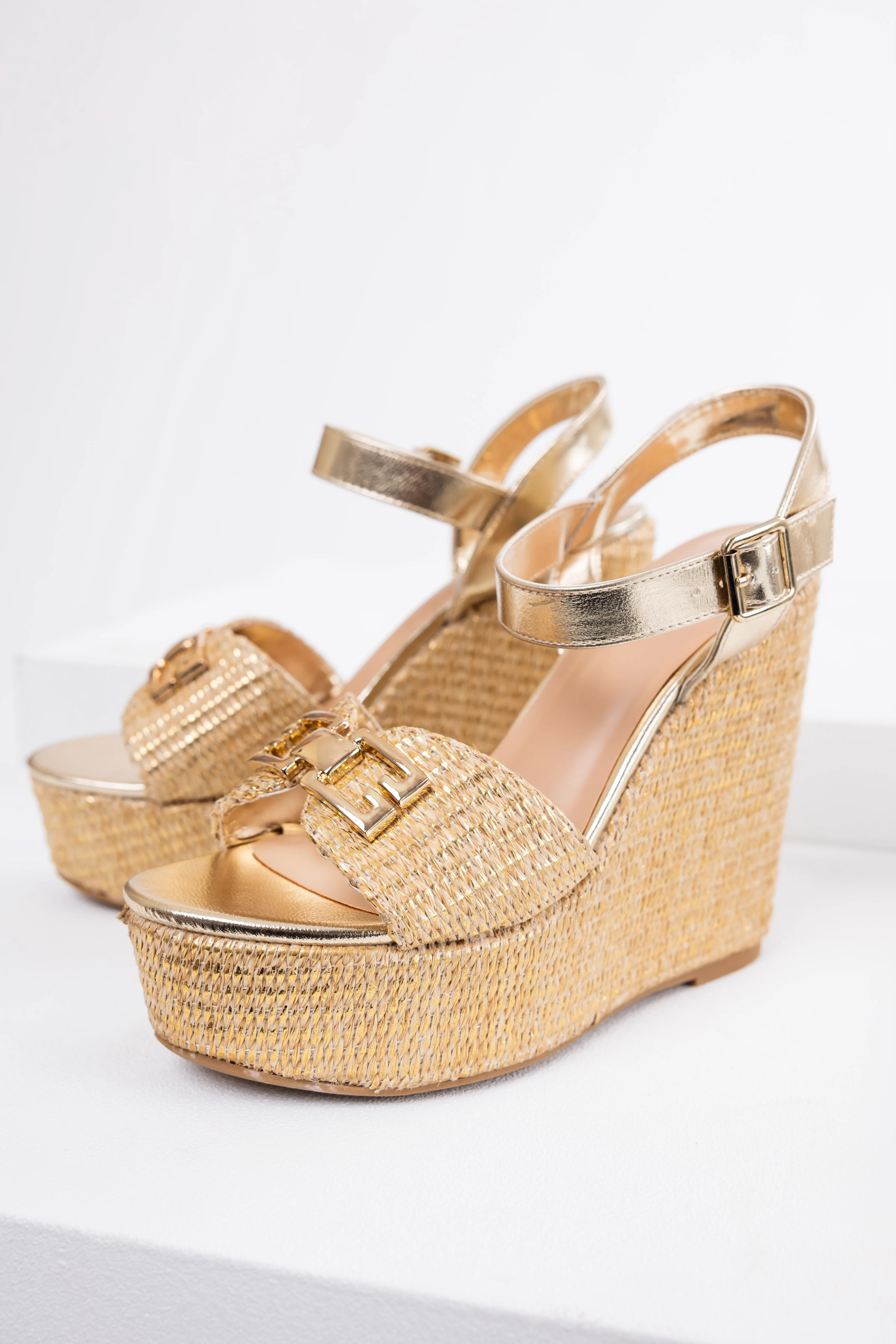 Gold Open Toe Woven Espadrille Wedge Heels - LD SALE