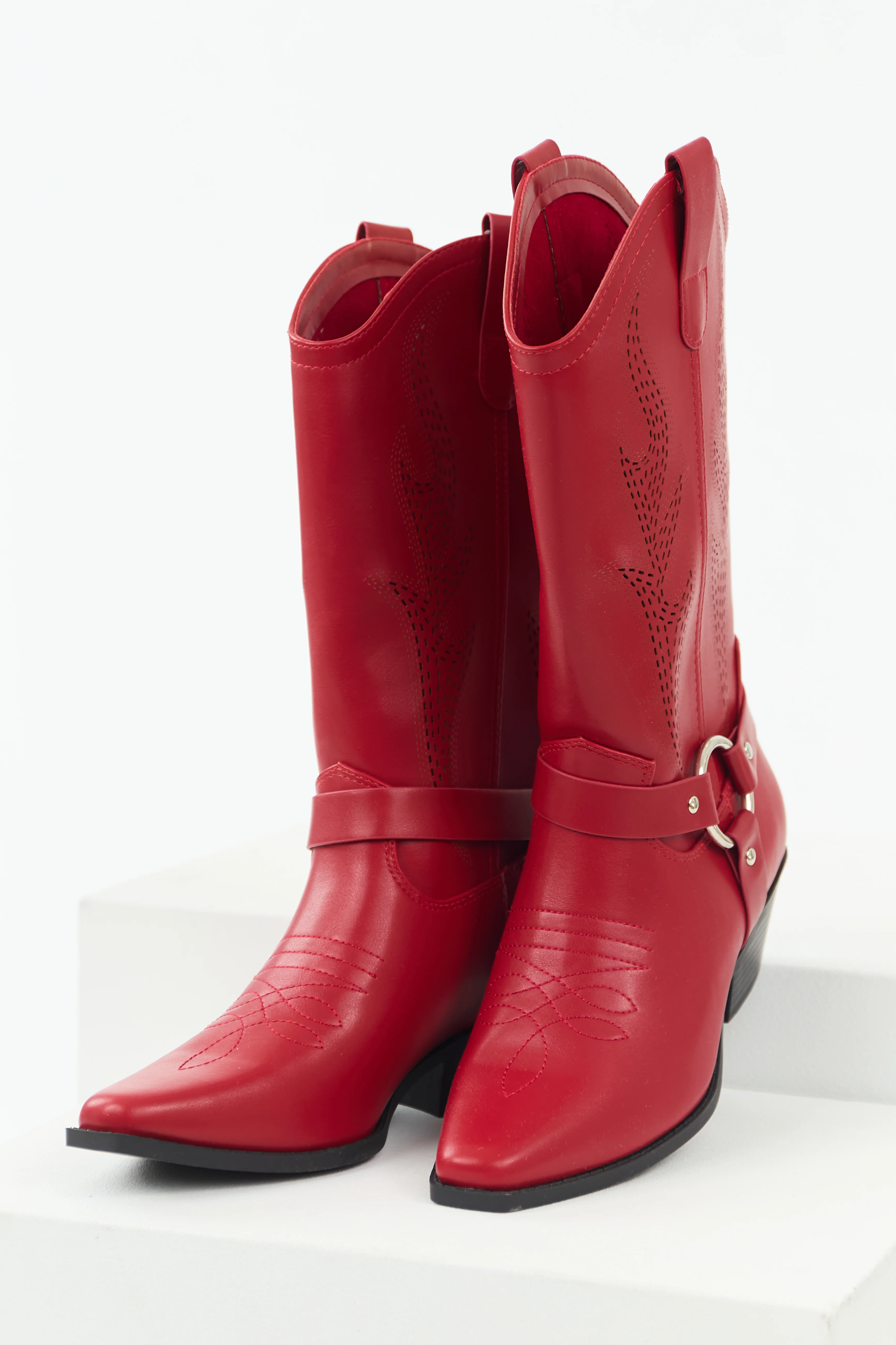 Cherry Embroidered Riding Strap Heeled Boots - LD SALE