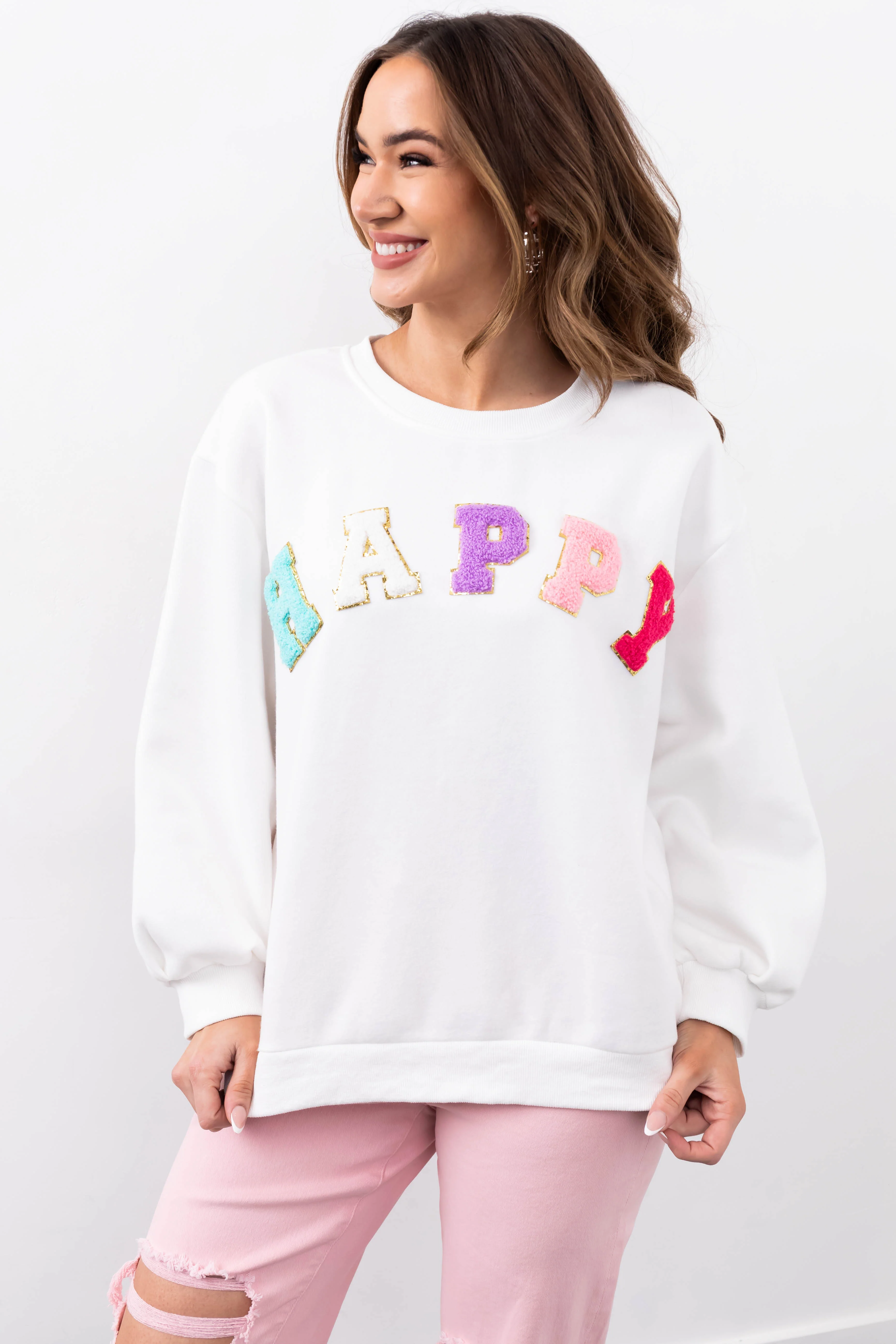 She+Sky Off White 'Happy' Sherpa Patch Sweatshirt - LD SALE