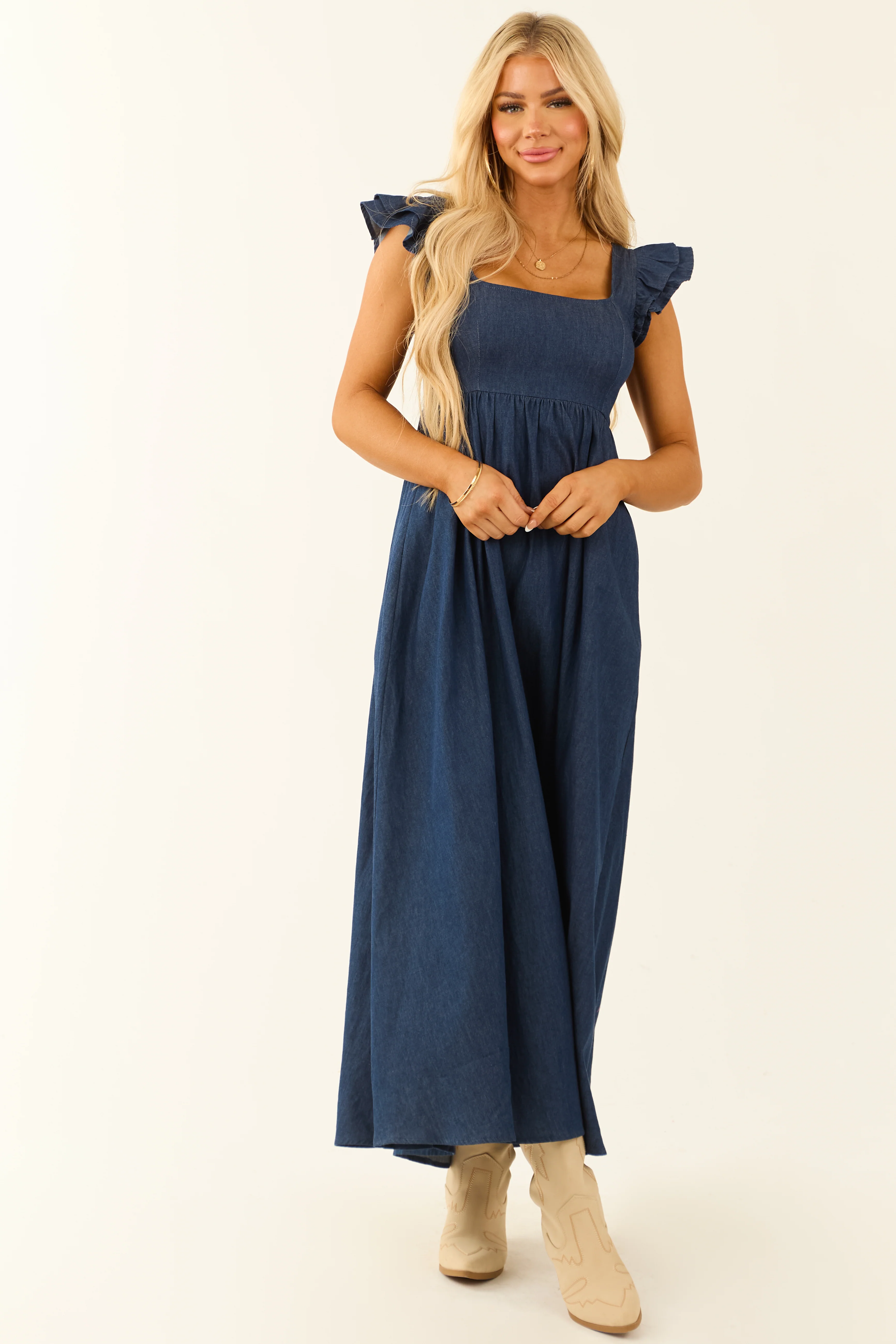 Chambray Ruffle Sleeve Babydoll Midi Dress - LD SALE