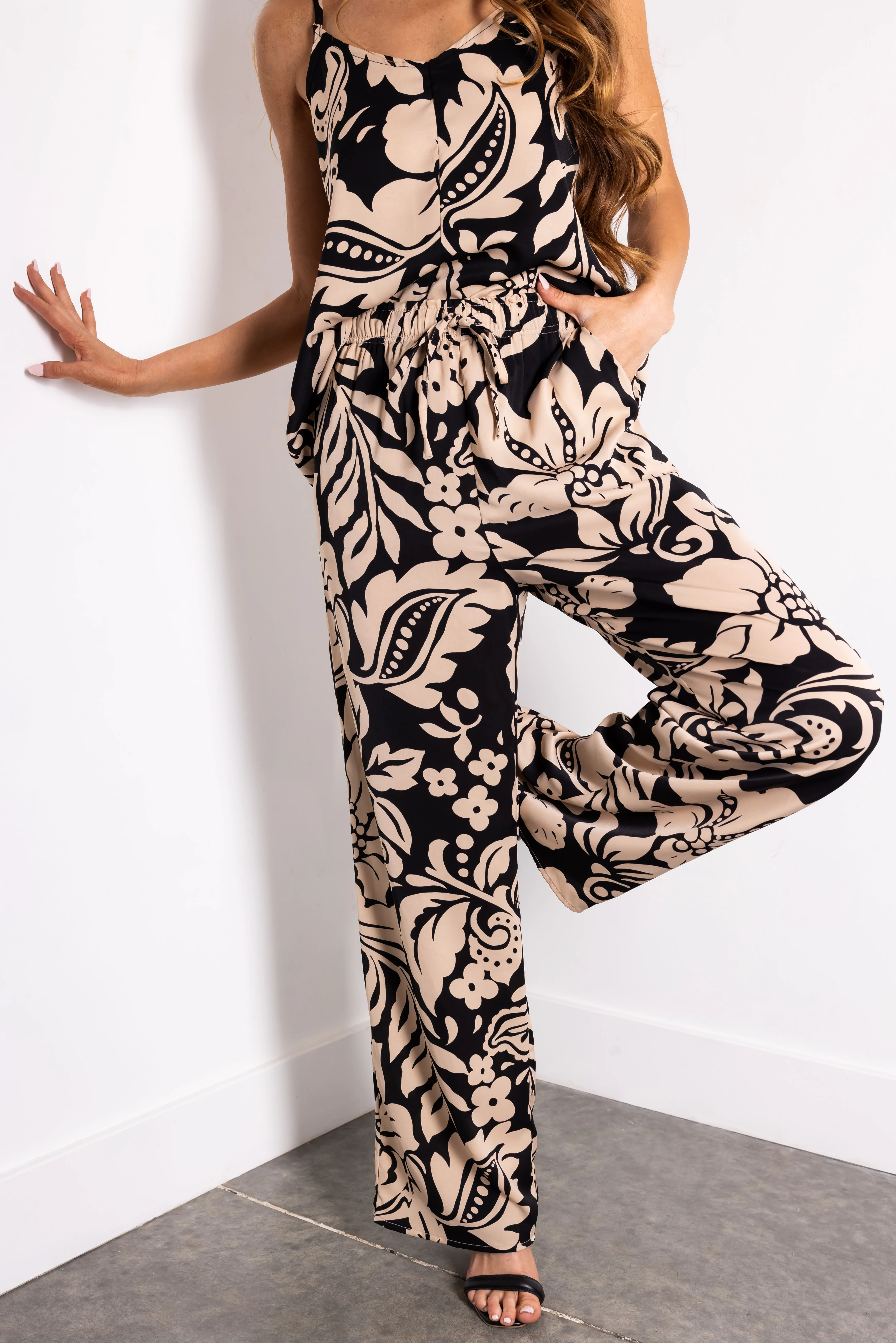 Black and Beige Floral Print Wide Leg Pants - LD SALE