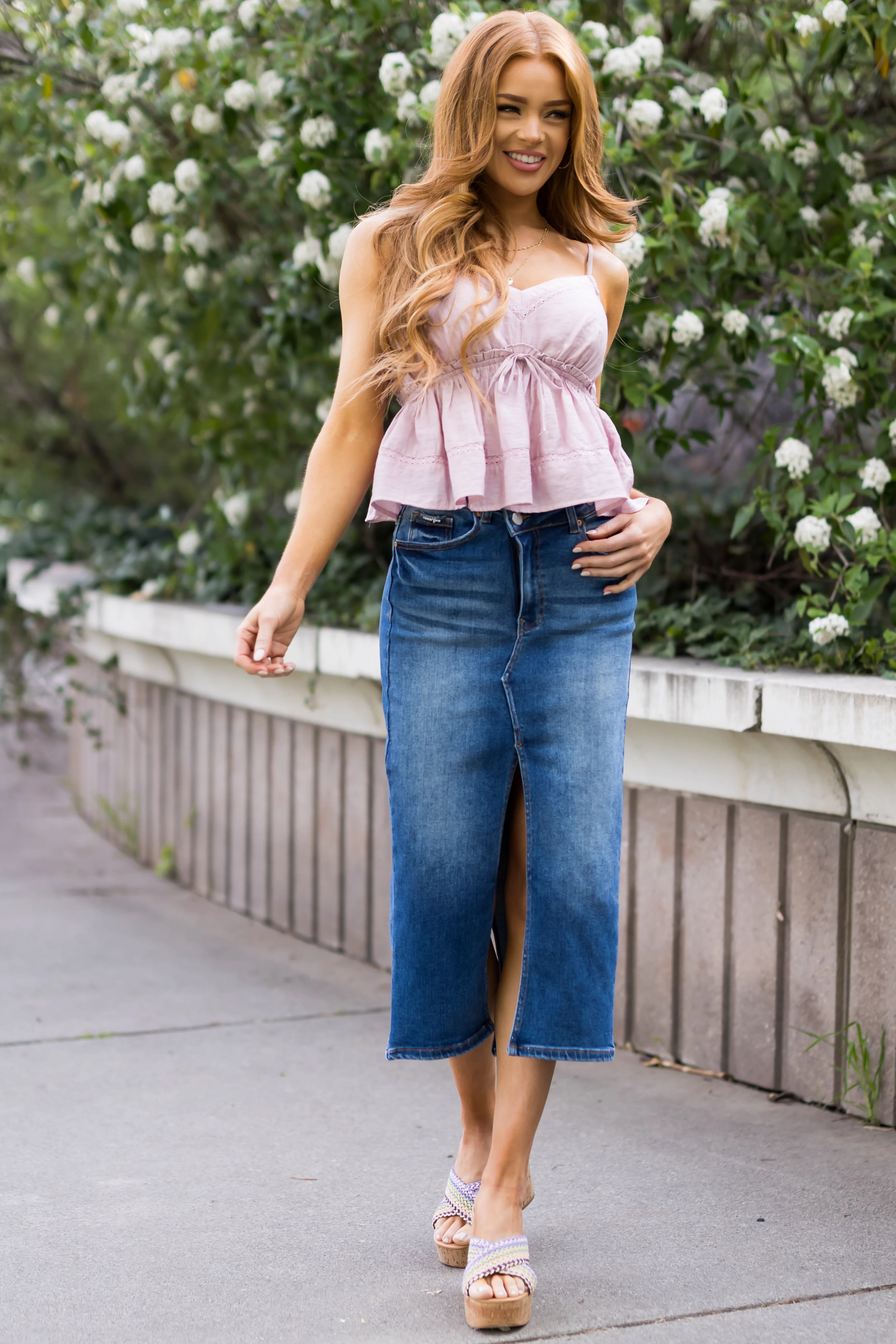 Dark Denim Slit Hem Crossover Midi Skirt - LD SALE