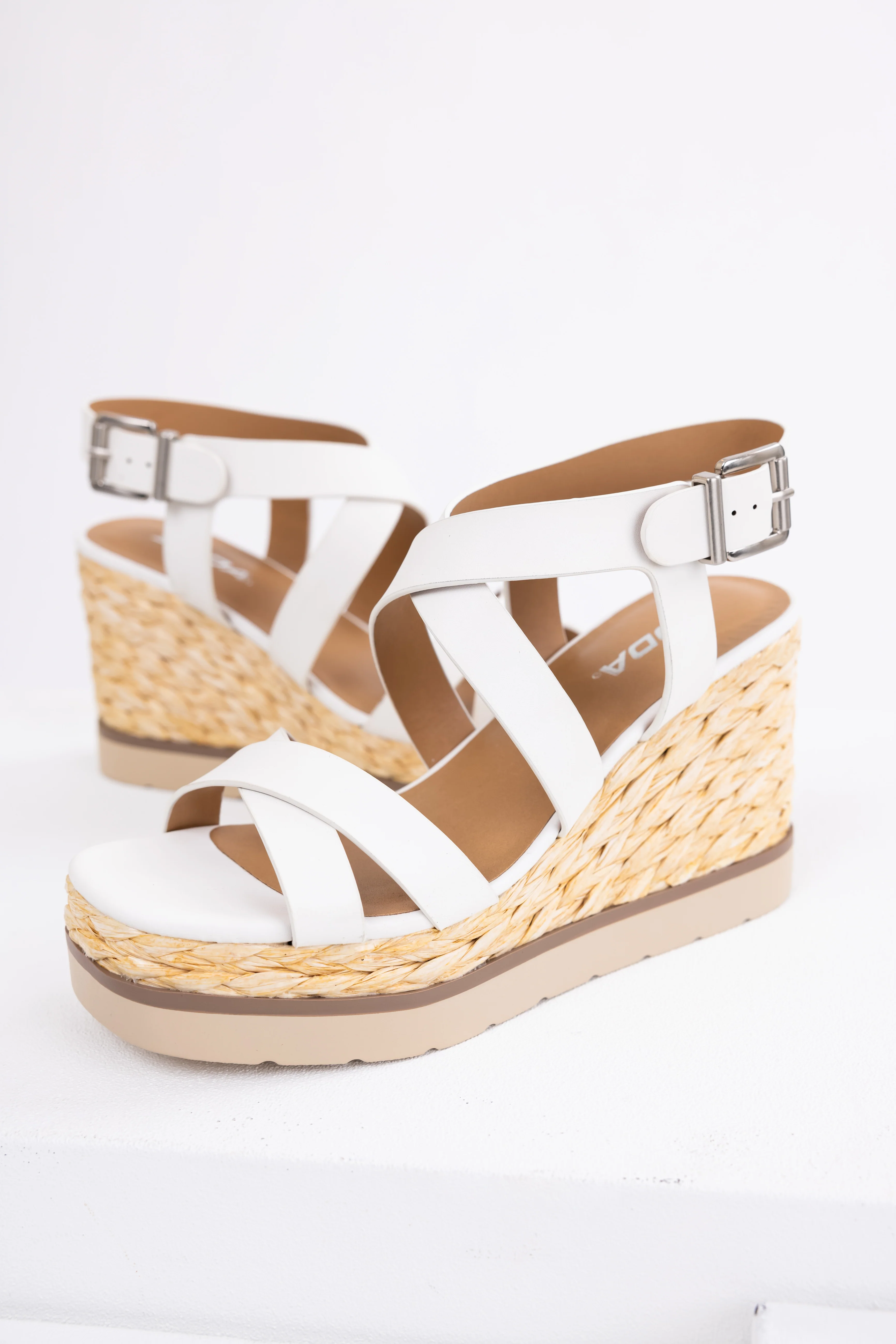 White Strappy Jute Braided Platform Wedges - LD SALE
