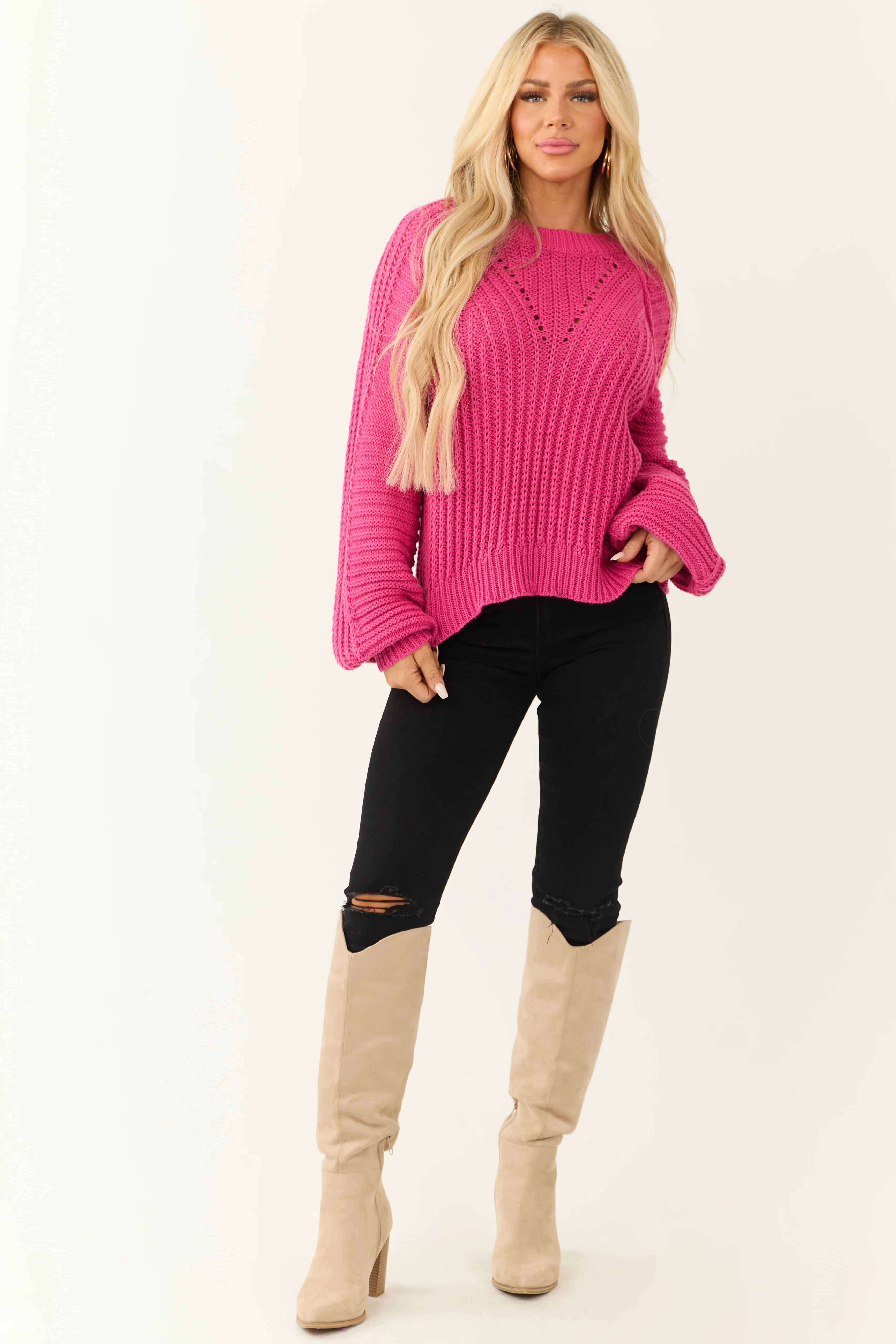 Magenta Bubble Sleeve Ribbed Knit Sweater - LD SALE
