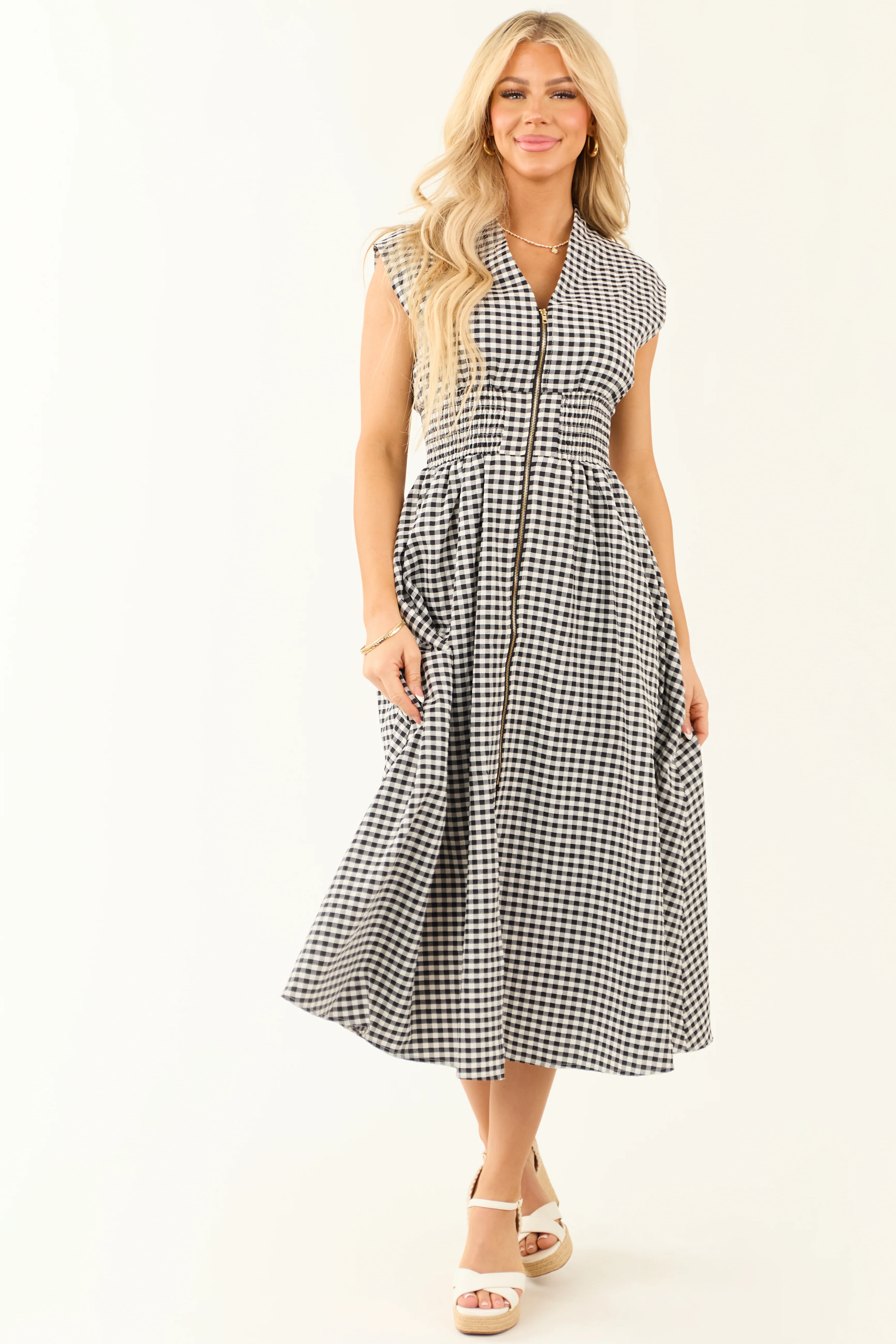 Black and White Gingham Zip Up Sleeveless Midi Dress - LD SALE