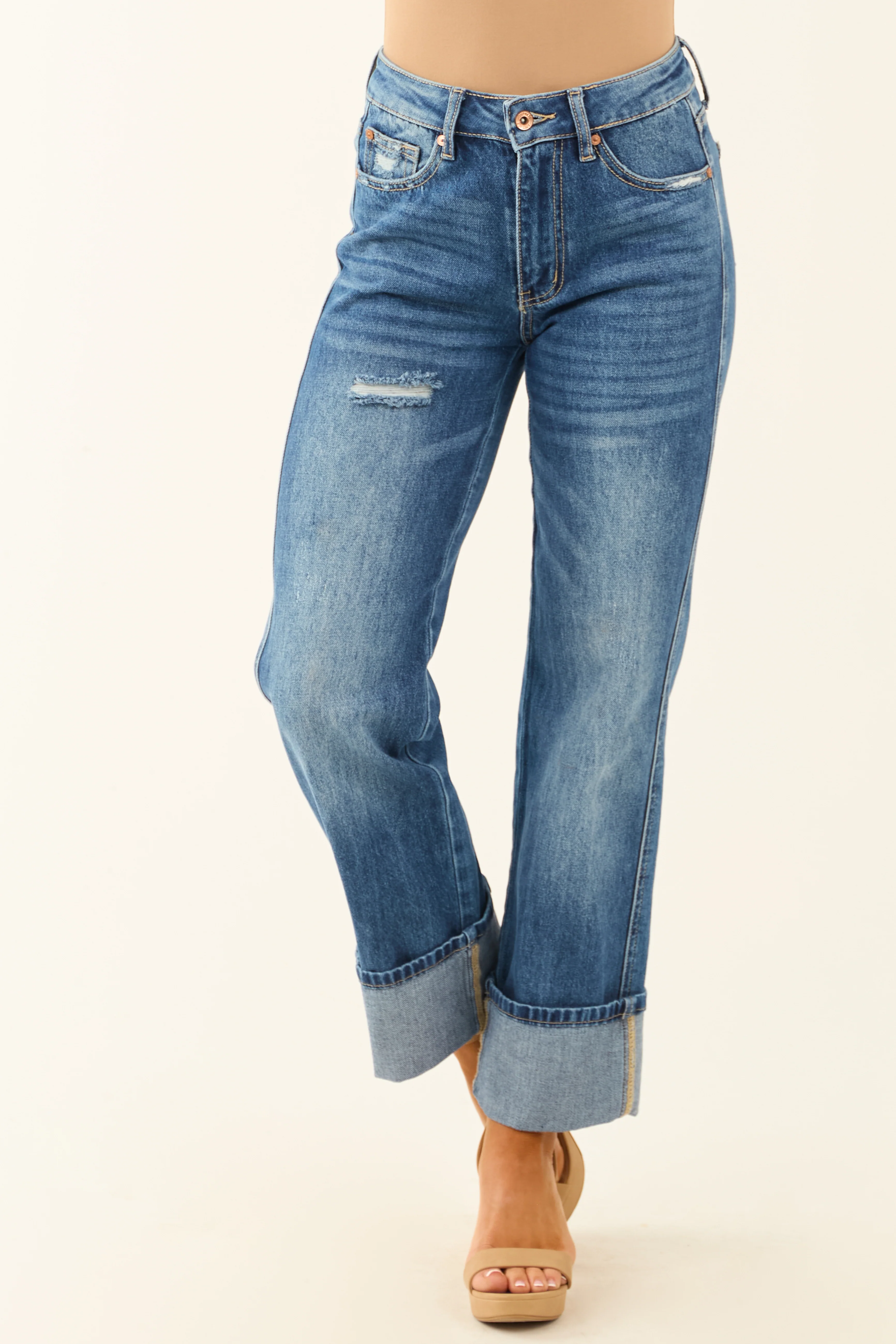 Special A Medium Wash Cuffed High Rise Straight Jeans - LD SALE