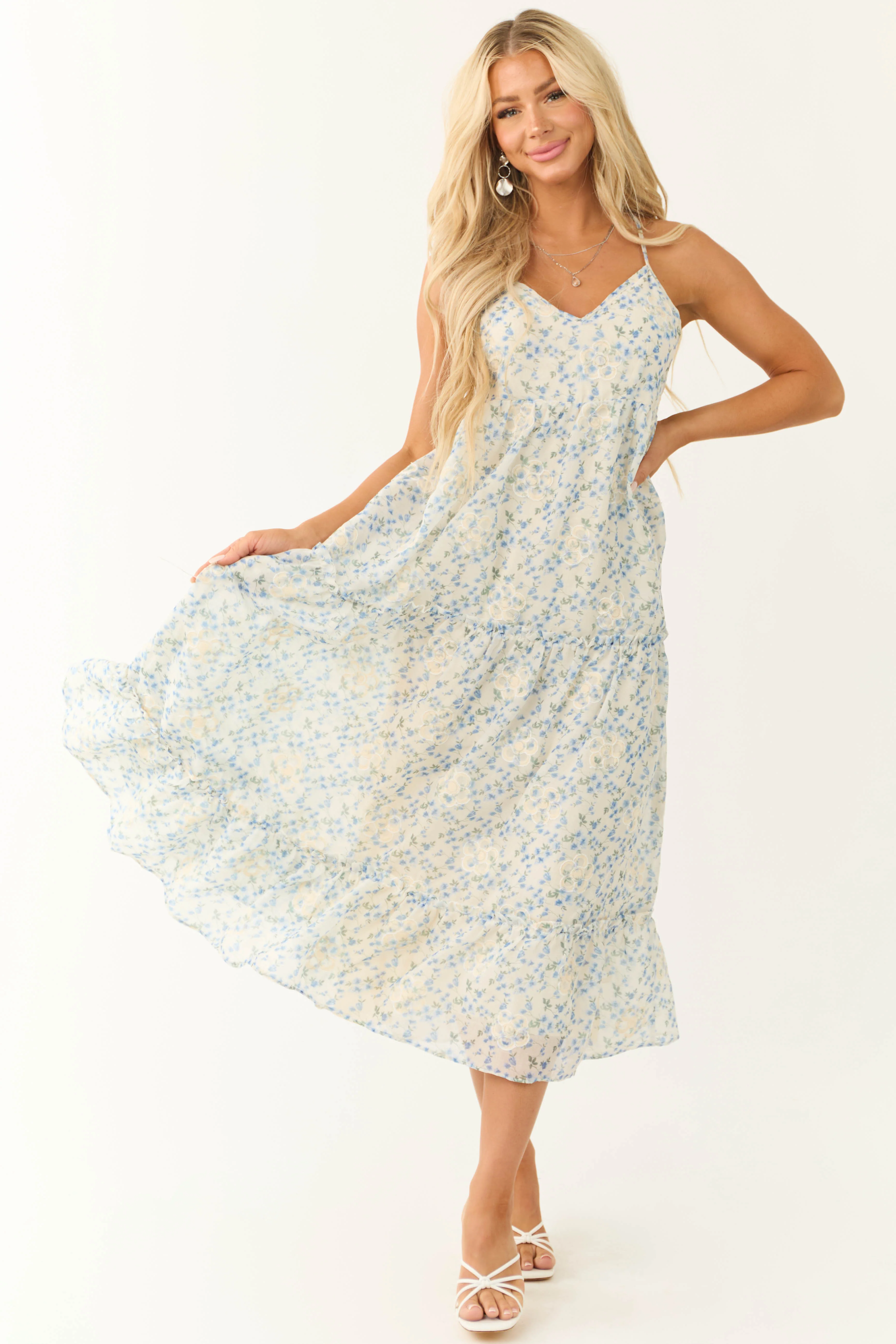 Cream Floral Print V Neck Sleeveless Maxi Dress - LD SALE