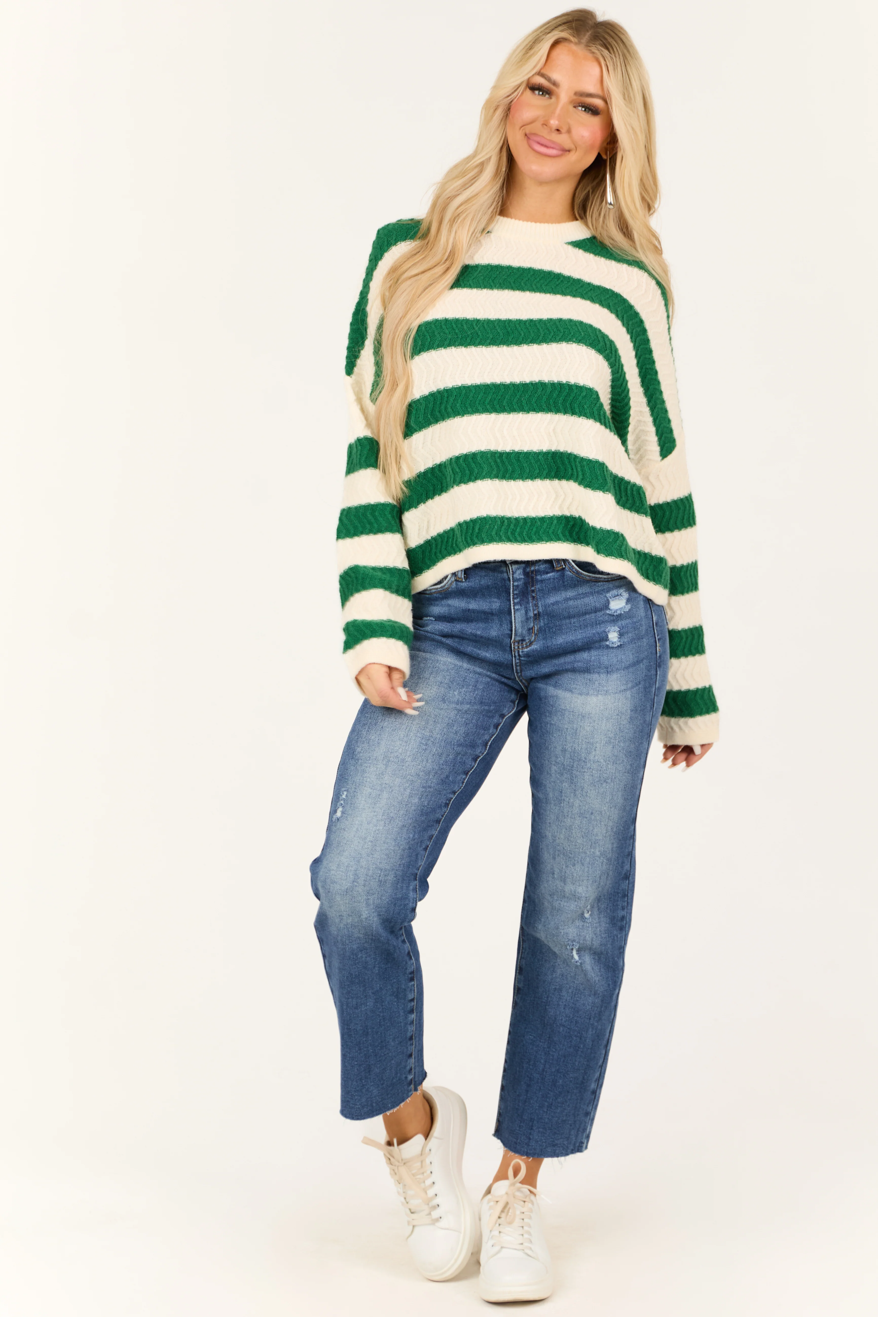 Ivory and Jade Zig Zag Stitch Striped Sweater - LD SALE