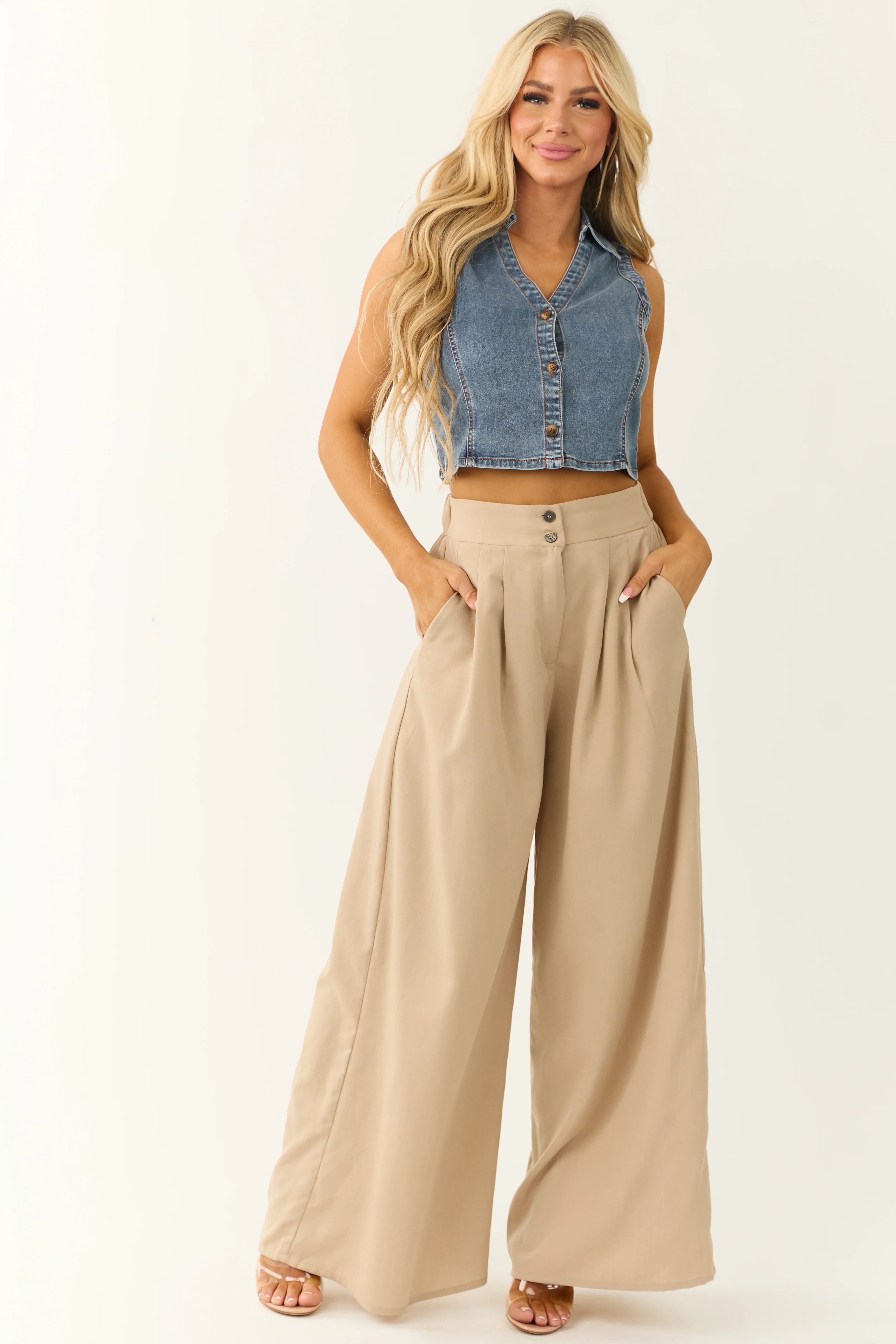 Medium Wash Denim Button Down Collared Vest - LD SALE