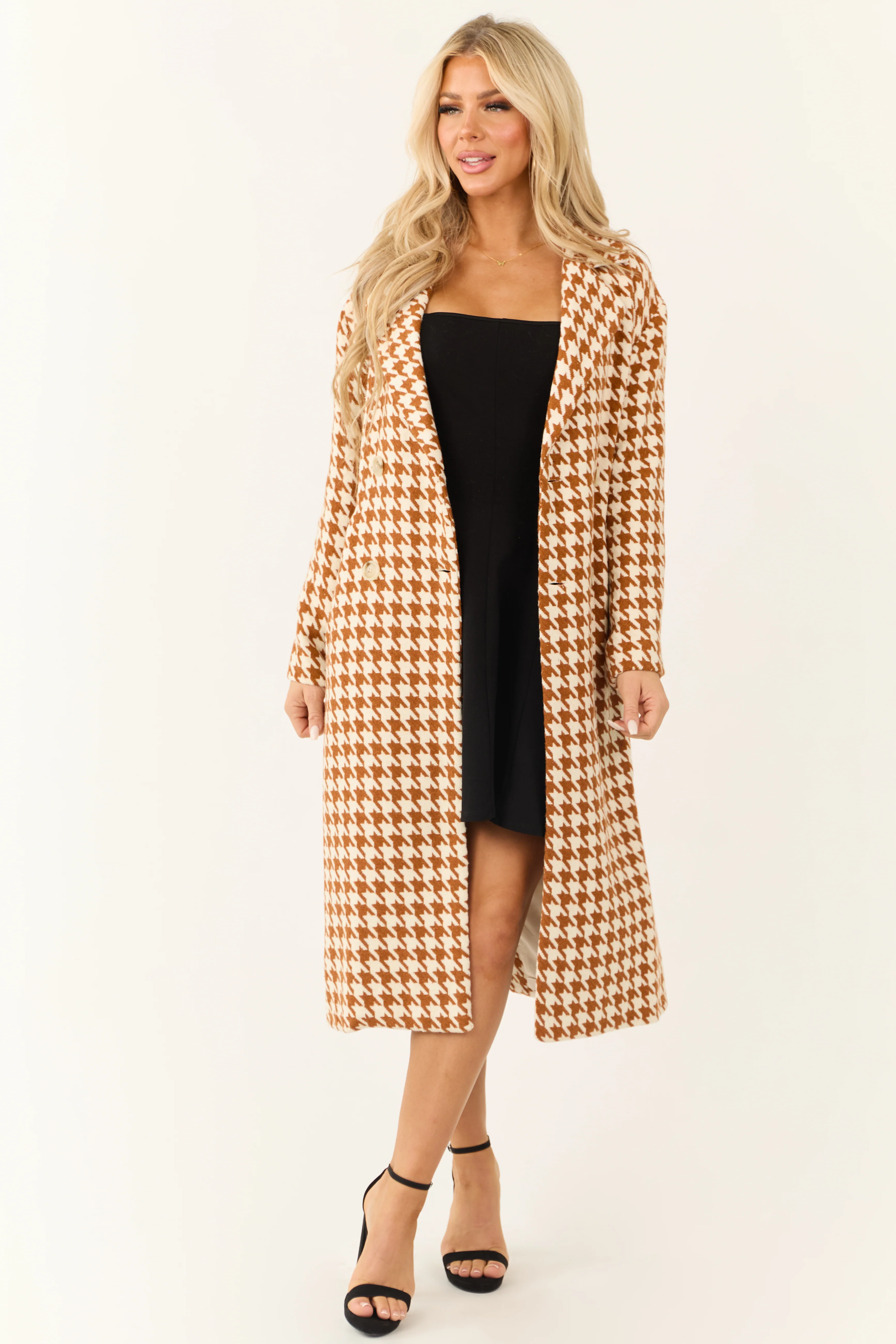 Ivory and Caramel Houndstooth Pattern Trench Coat - LD SALE