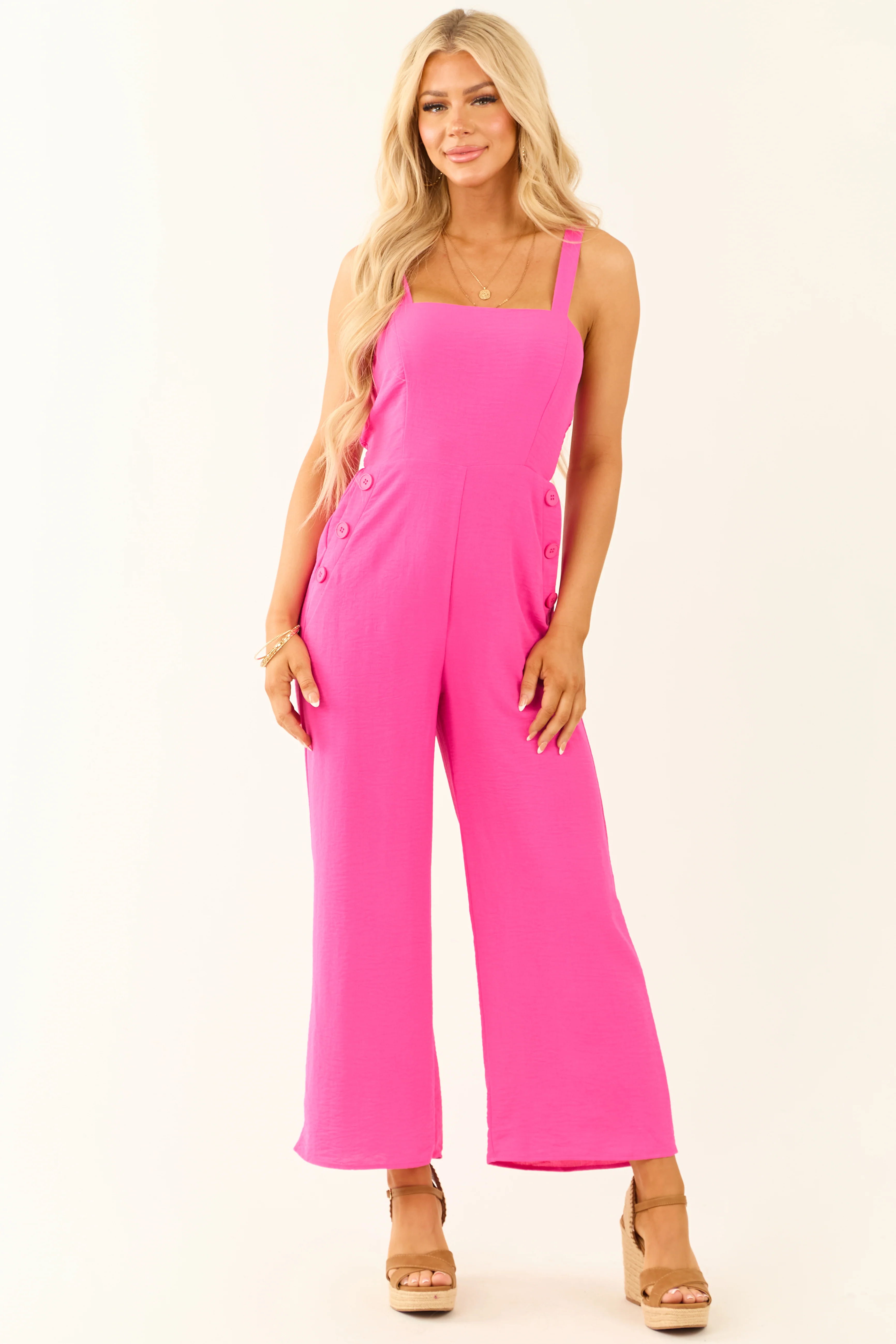 Fuchsia Sleeveless Wide Leg Smocked Jumpsuit - LD SALE