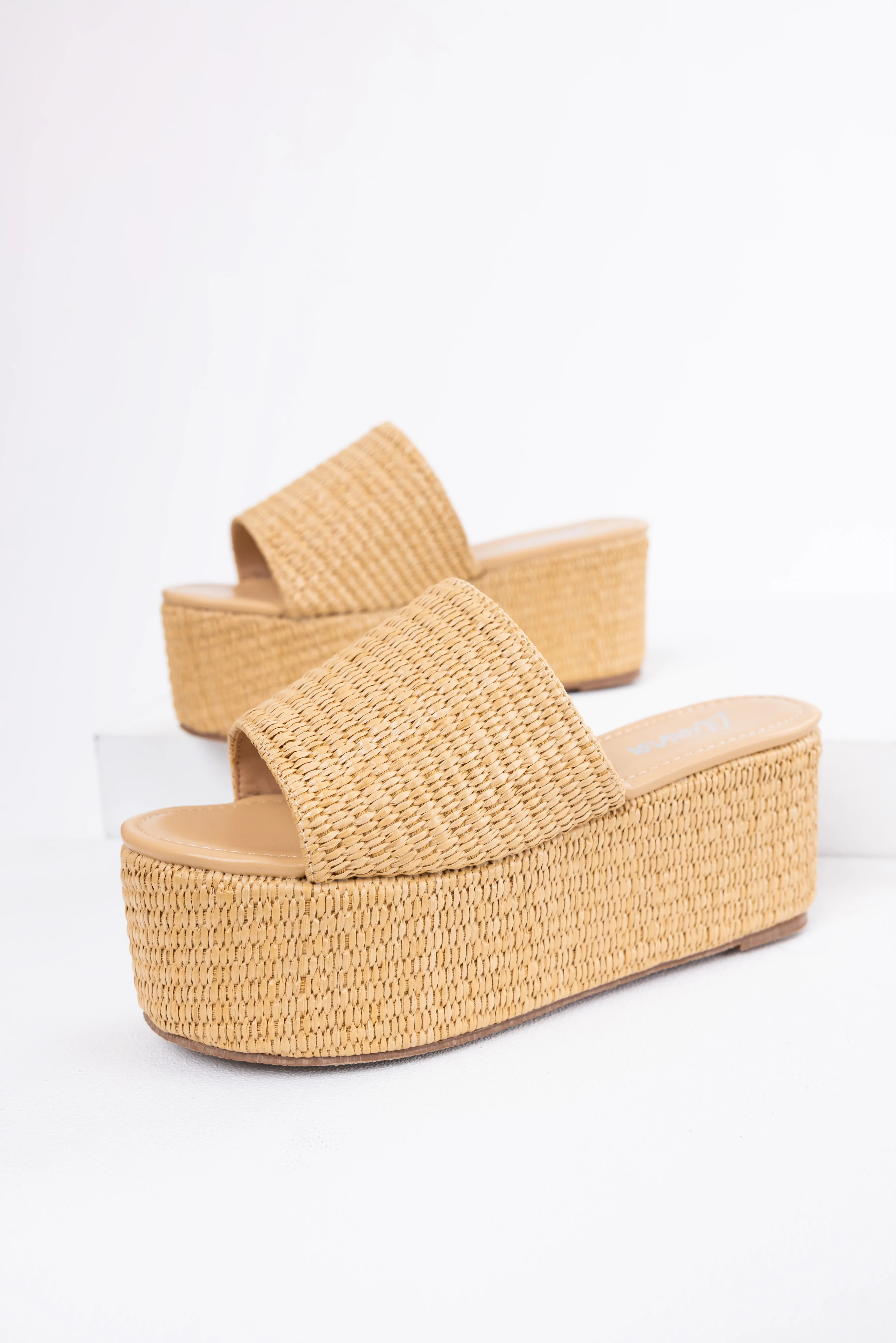 Beige Raffia Woven Platform Slide Sandals - LD SALE
