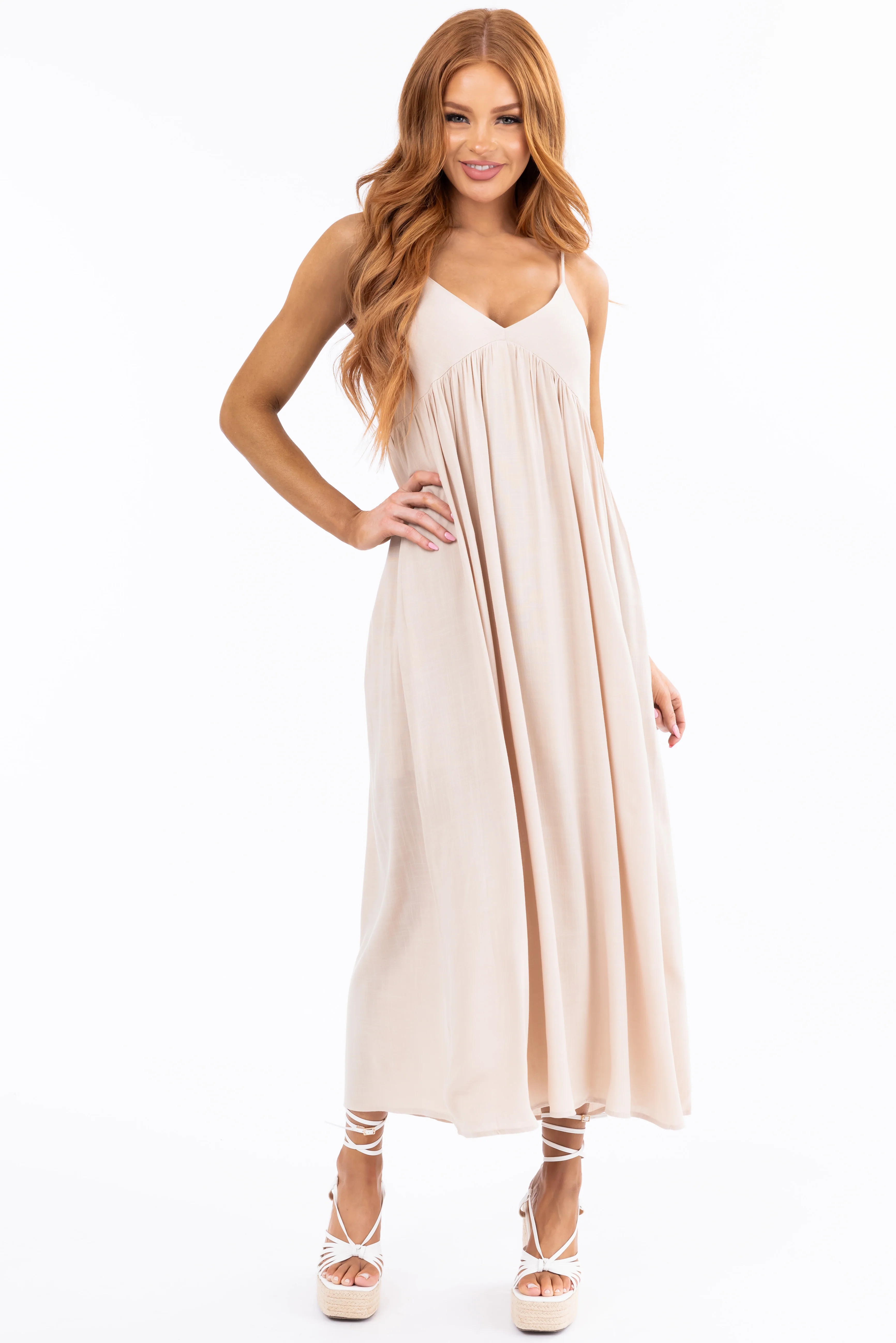Almond Woven Strapless Flowy Midi Dress - LD SALE