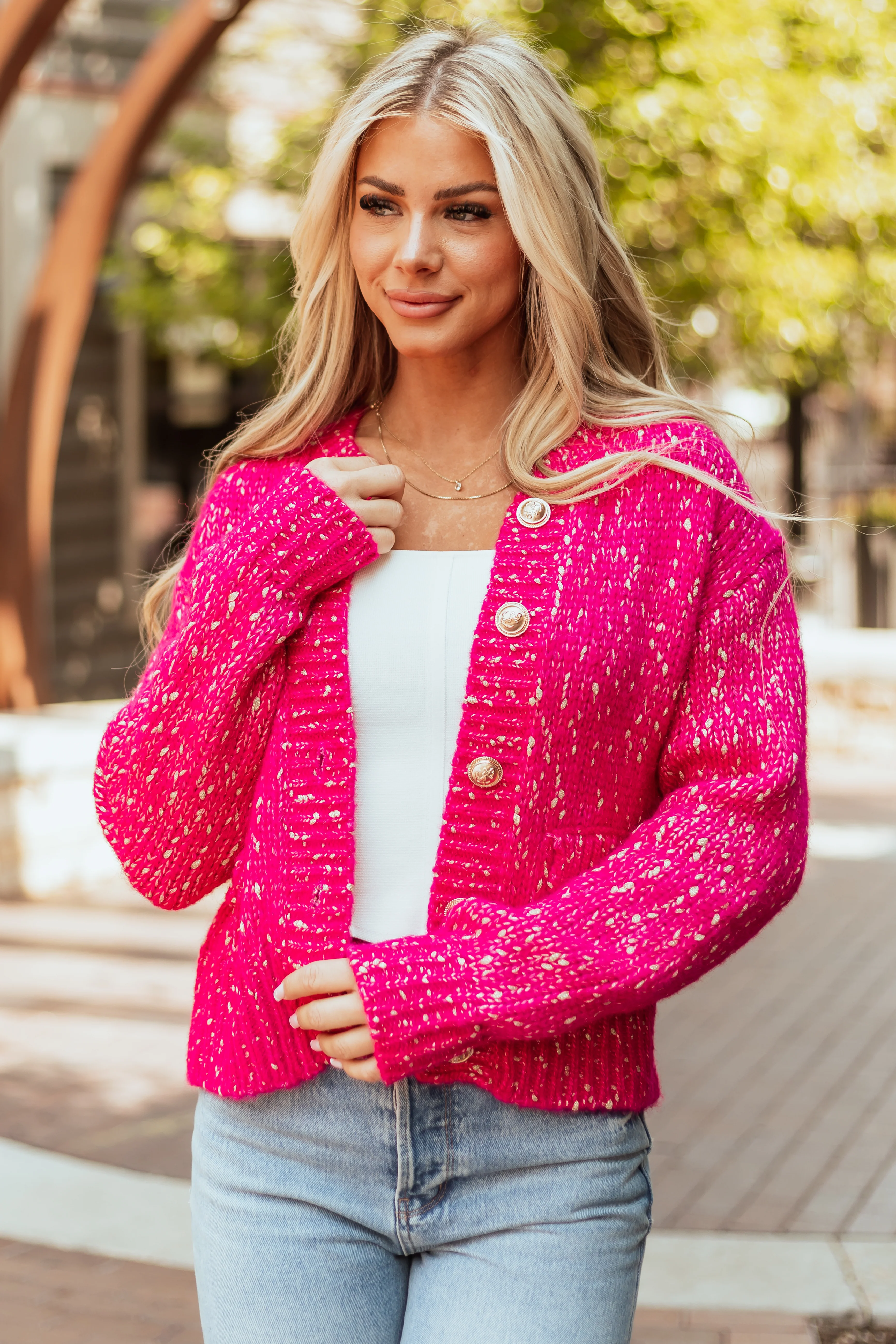 Fuchsia Speckled Yarn Knit Button Up Thick Cardigan - LD SALE
