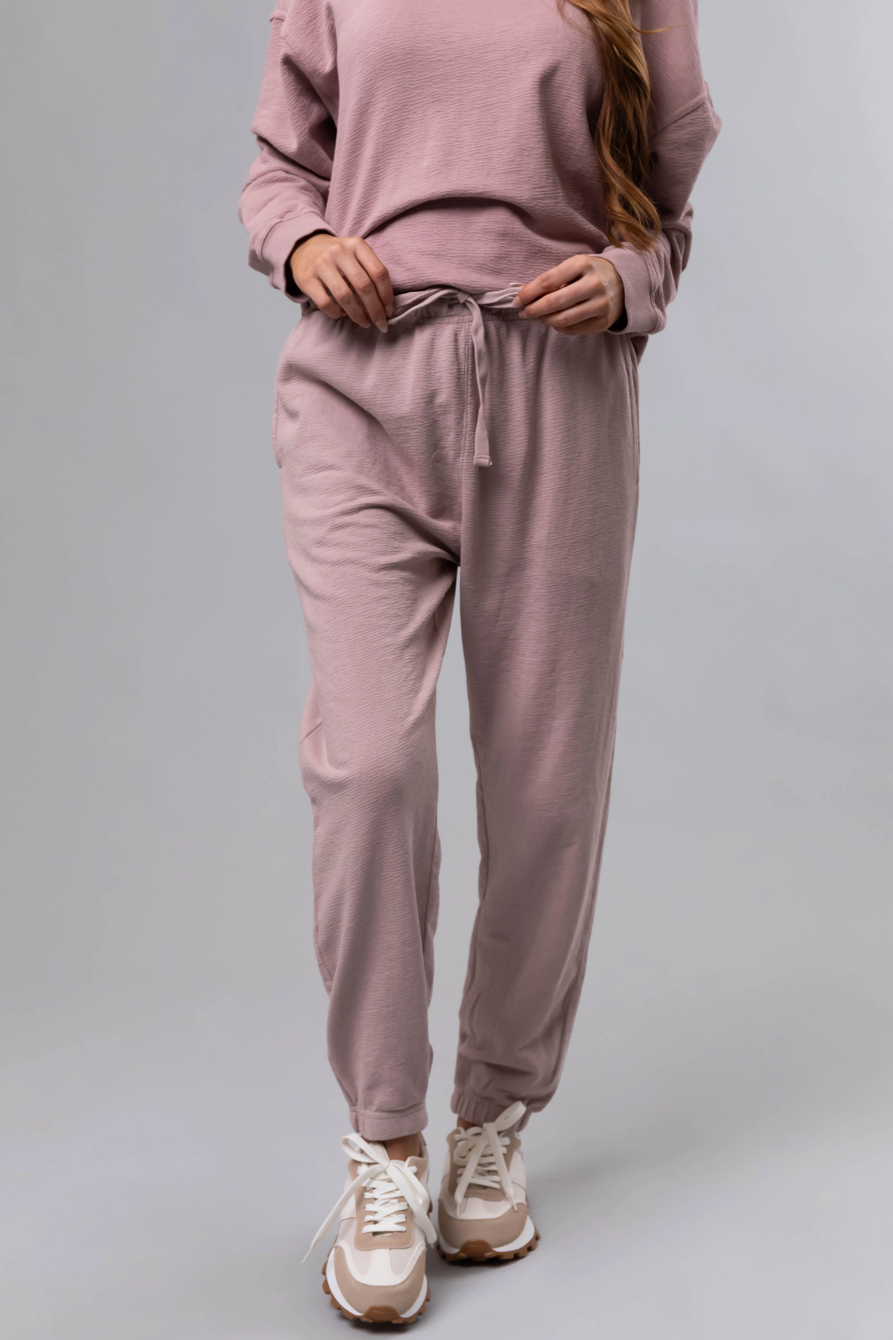 Dusty Blush Textured Knit Drawstring Joggers - LD SALE