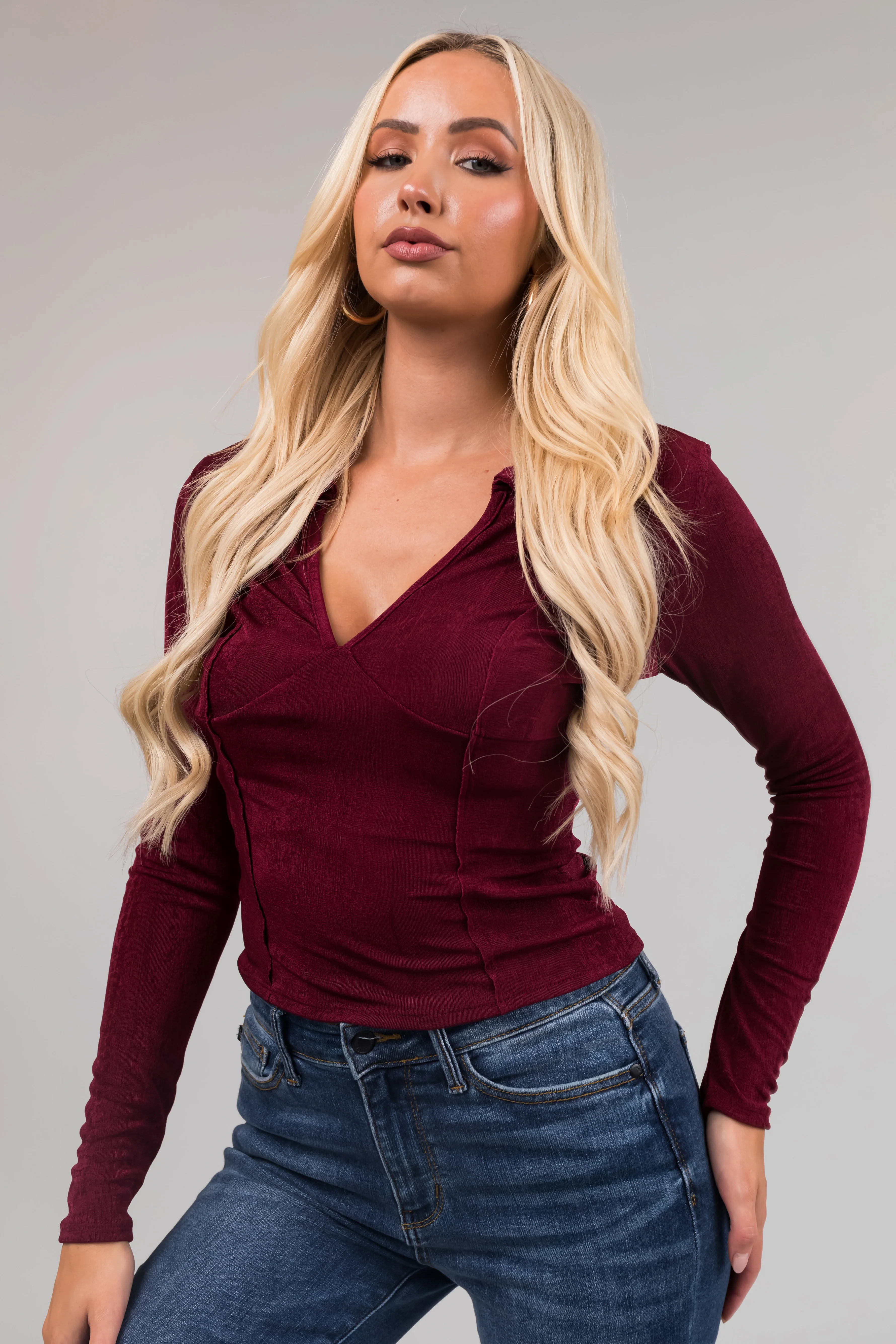Burgundy Collared Babydoll Shimmery Knit Top - LD SALE