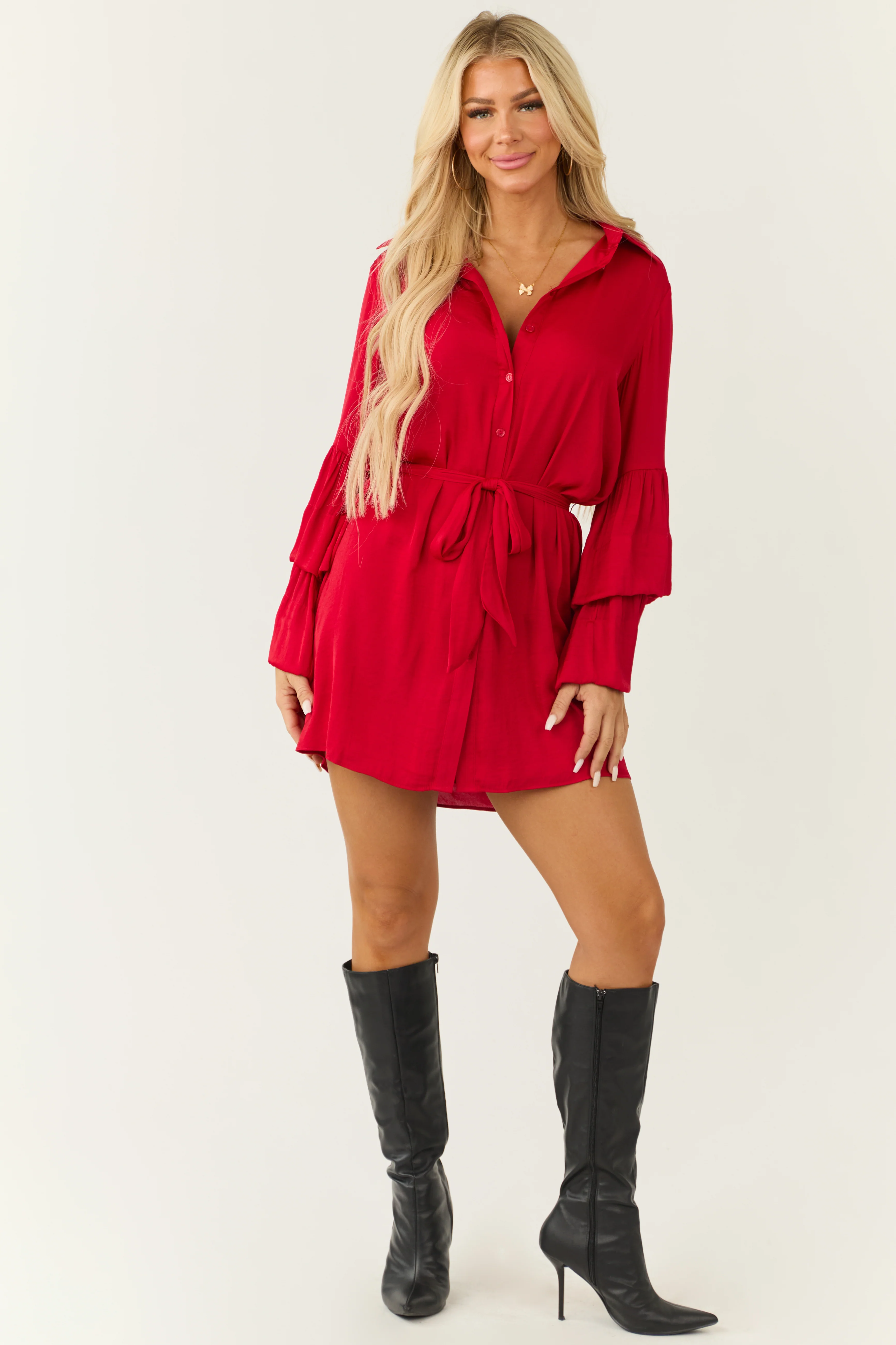 Bright Ruby Tiered Bell Long Sleeve Short Dress - LD SALE
