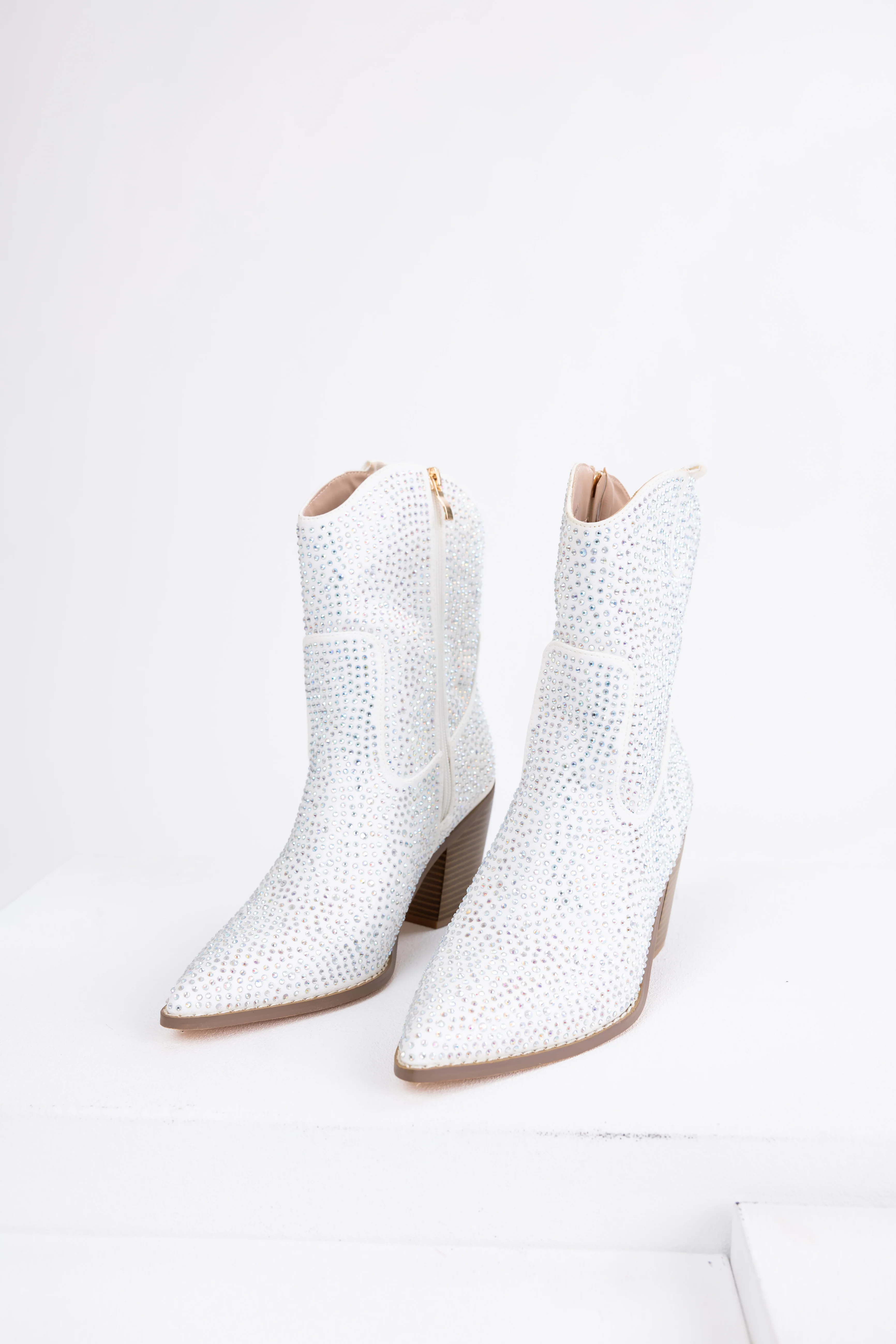 White Rhinestone Embellished Pointed Toe Booties - LD SALE