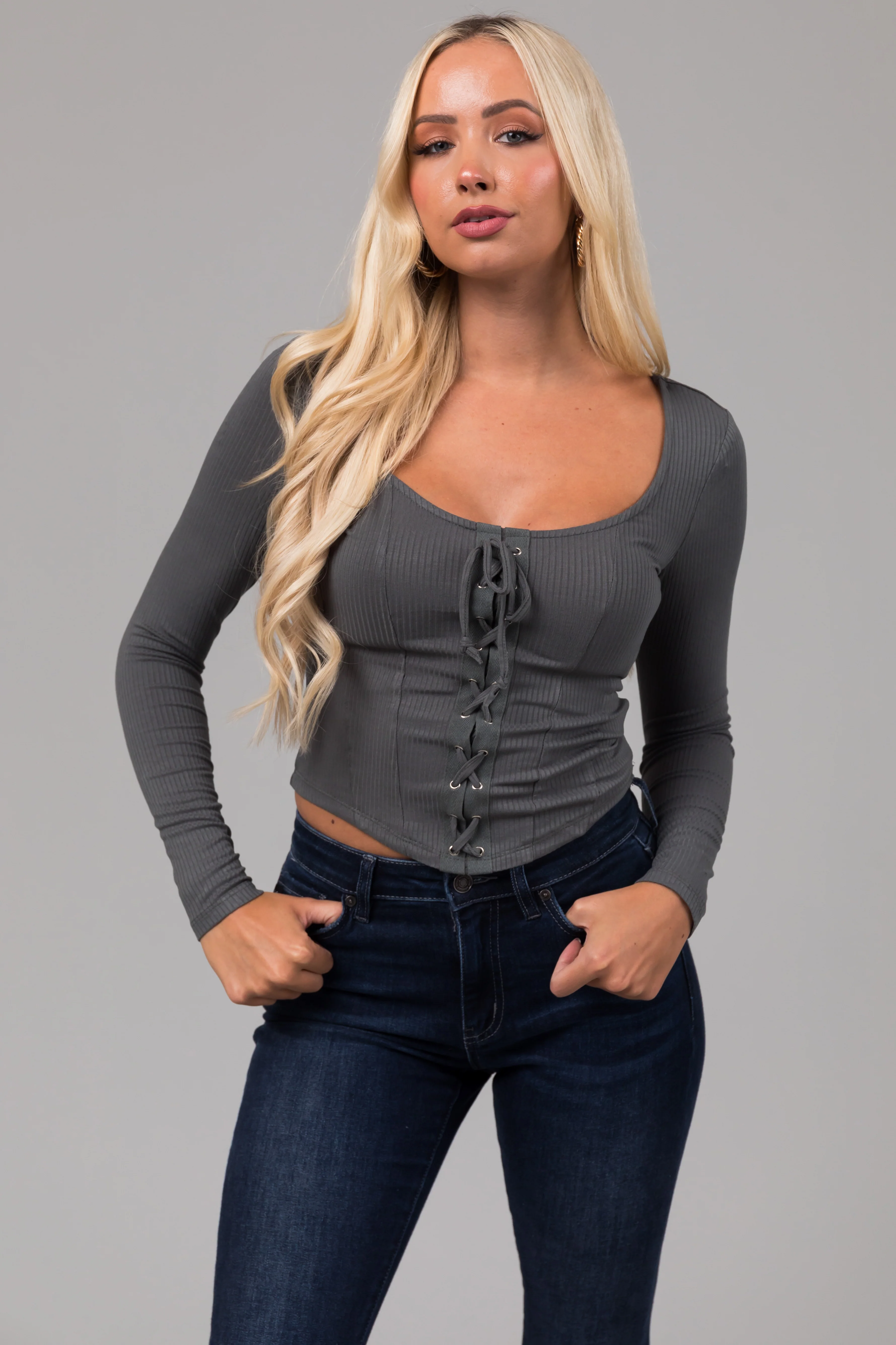 Dusty Sage Lace Up Ribbed Knit Corset Top - LD SALE