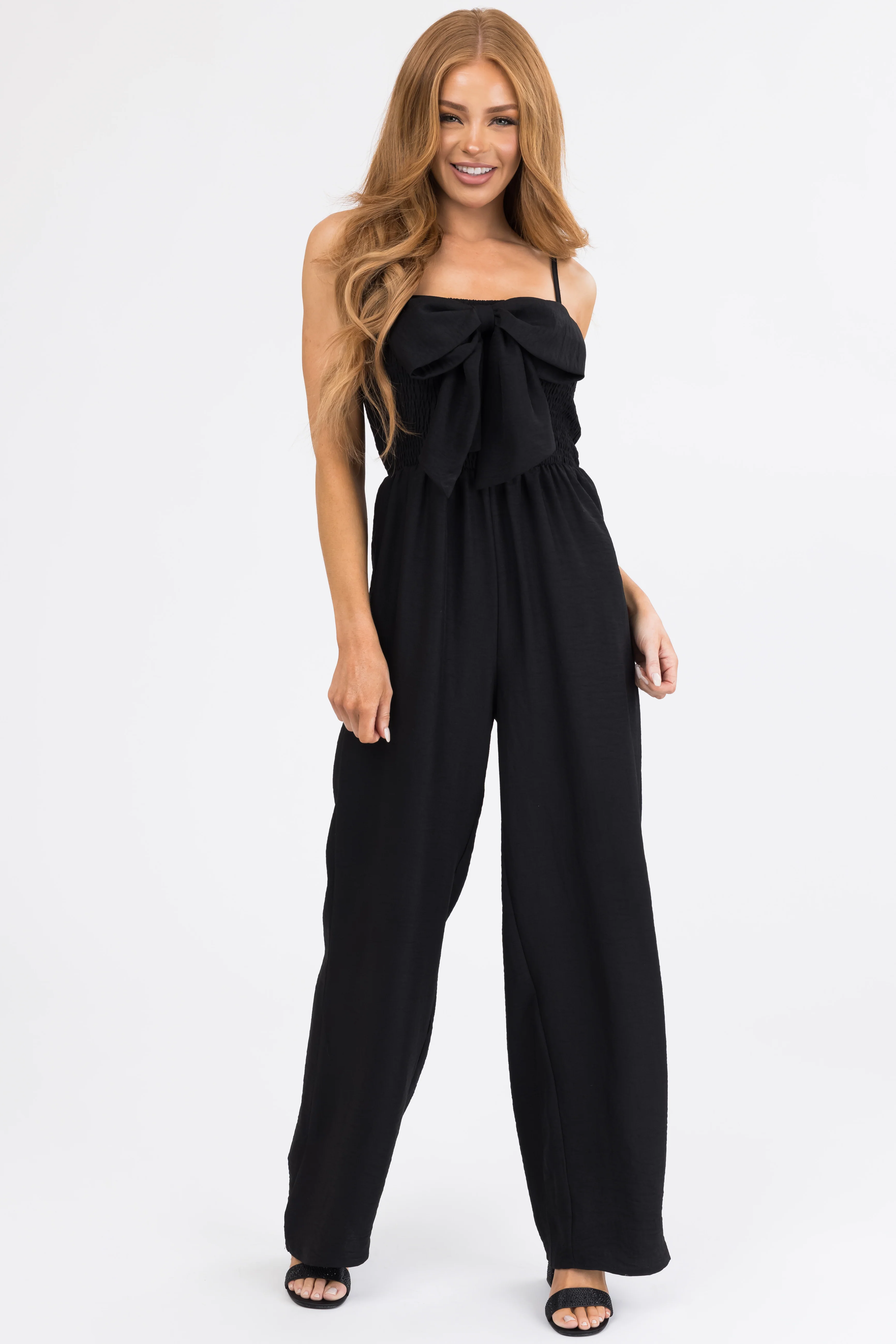 Black Bow Front Smocked Jumpsuit - LD SALE